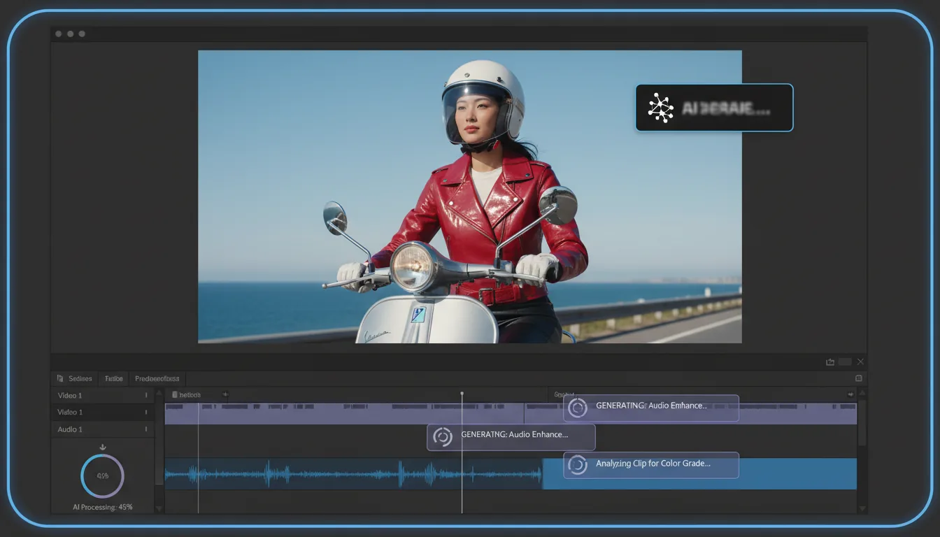 A screenshot of Adobe Premiere Pro video editing software in Modern Dark Mode, featuring a central video preview of a stylish Asian woman in a red leather jacket and vintage white helmet riding a silver scooter against a clear blue sky. In the bottom-right, the UI timeline shows a video track and an audio track with a blue waveform, highlighted with muted purple sections and UI elements indicating a "generating" process. A floating black UI tool button with a generative AI icon and abstracted text is positioned over the video. The composition has a thin blue rounded border.