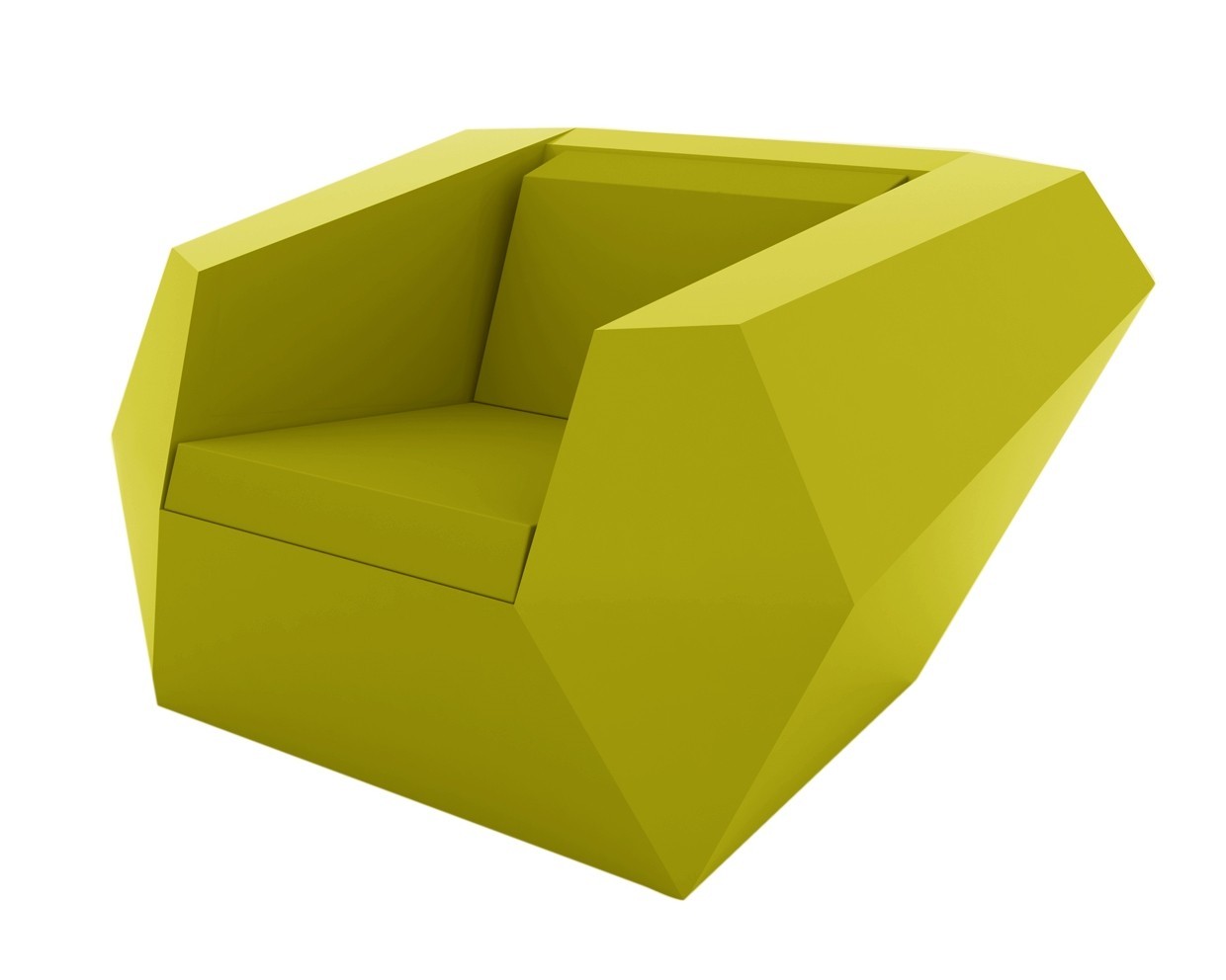 Green Okta Chair: Modern geometric armchair in olive green, showcasing sharp angles and contemporary industrial design.