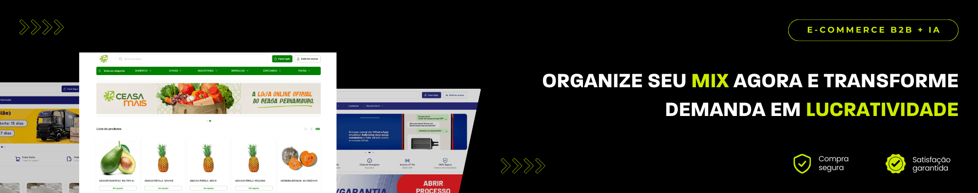 Banner horizontal com fundo escuro, ícones de segurança e satisfação, e imagens de lojas B2B exibidas à esquerda. Elementos gráficos em verde destacam o tema de e-commerce B2B com IA.