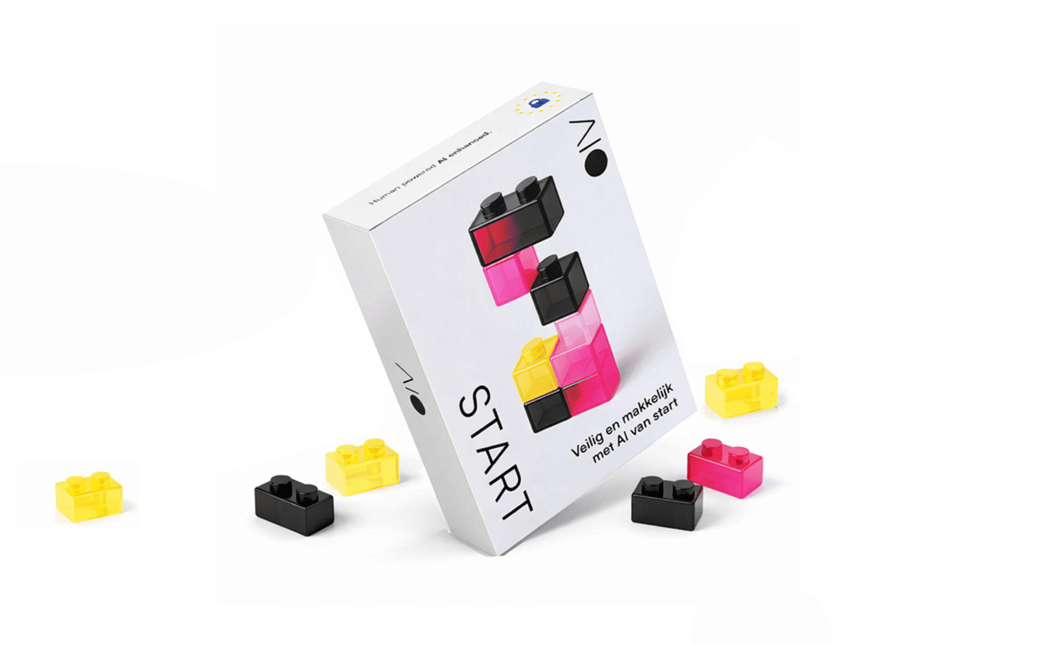 Sales deck cover shown as a product box with stacked pink, black and yellow building blocks, branding a managed AI platform.