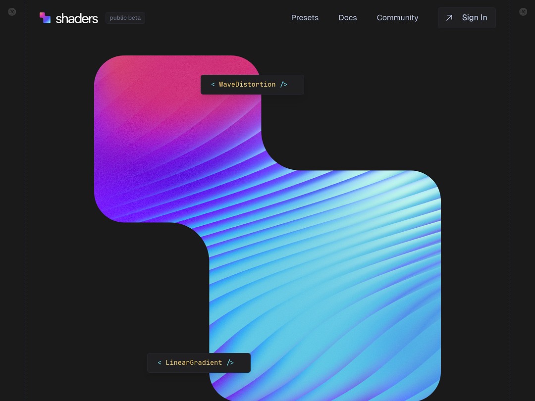 Shaders library homepage showing WaveDistortion and LinearGradient shader components with vibrant pink-to-blue gradient previews