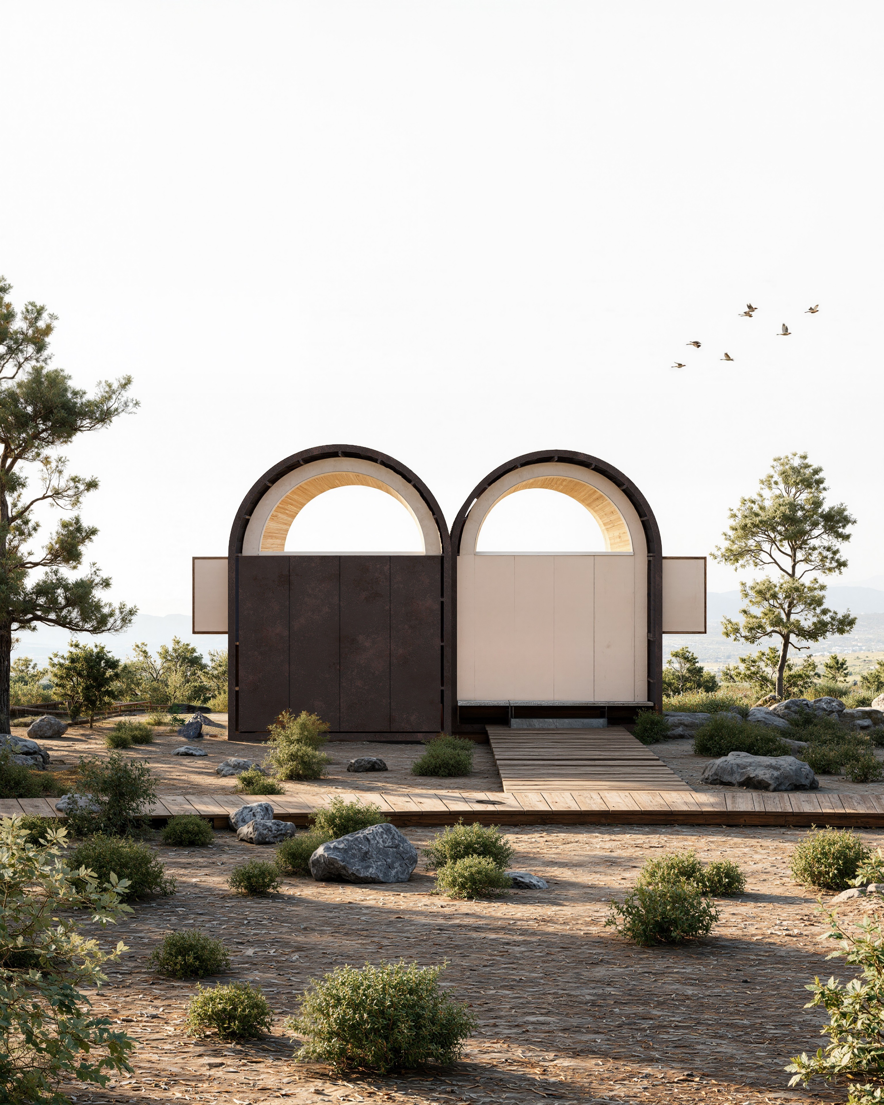 Child walking on a wooden beam with a large tree and swing nearby in a courtyard of modern wooden houses, while another person adjusts a bicycle.