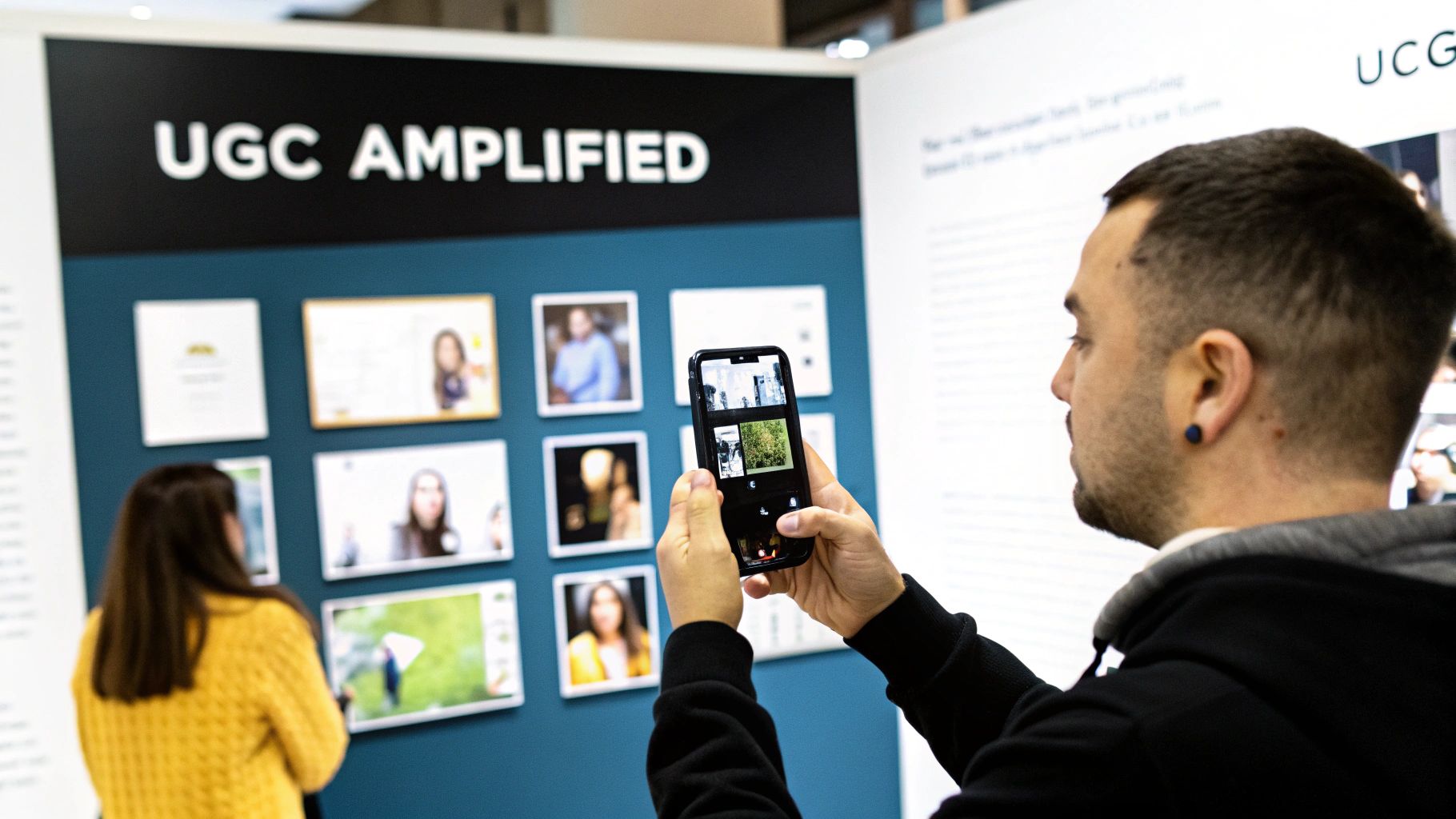 A man photographs a 'UGC Amplified' display board with his smartphone at an exhibition.