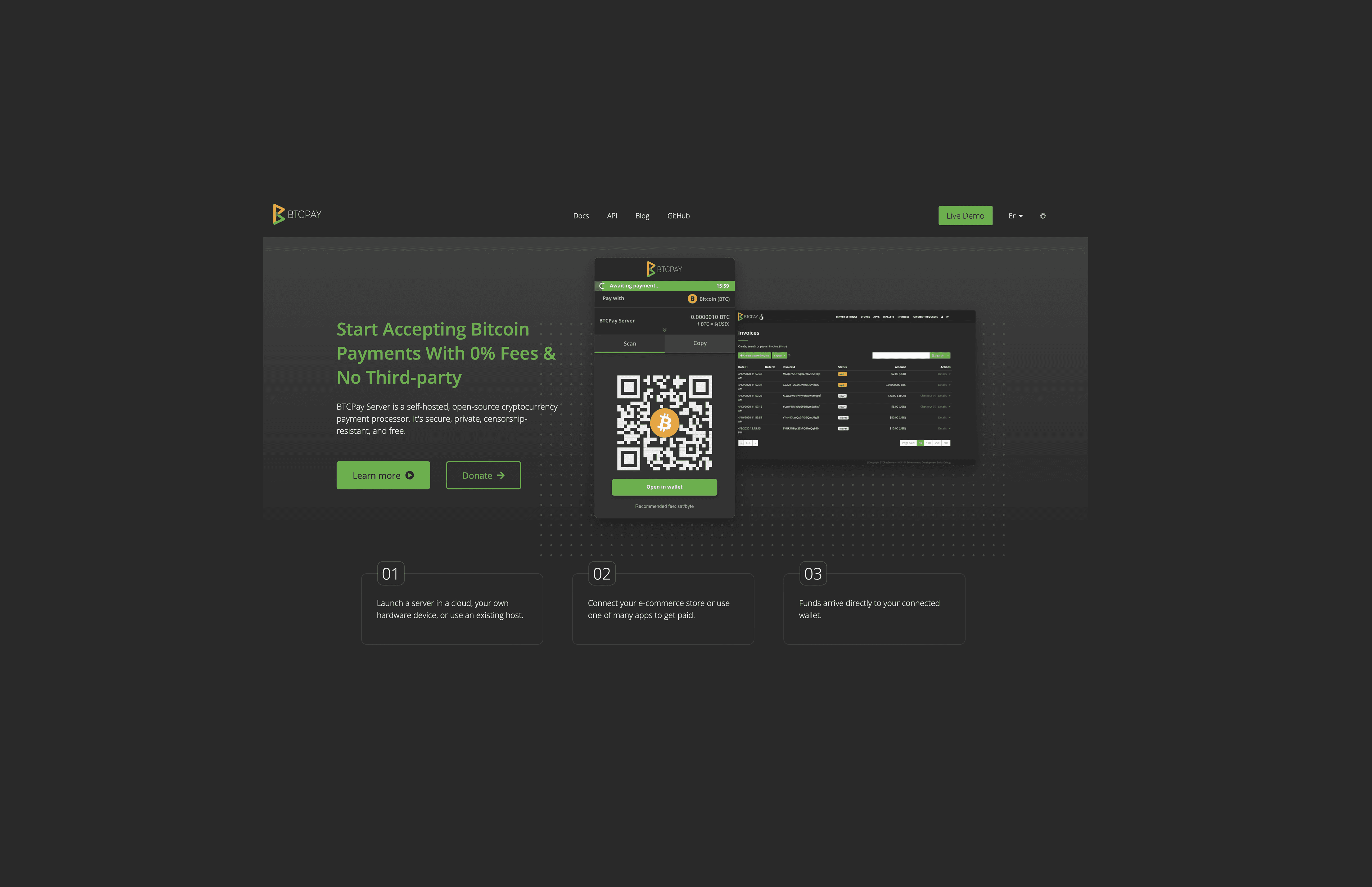 BTCPay Server homepage showing a Lightning QR code payment screen, advertising 0% fees and no third-party processor