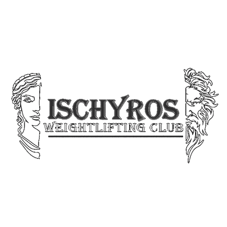 Ischyros weightlifting club logomark - two half faces one in each side of the logotype, they appear to be greek