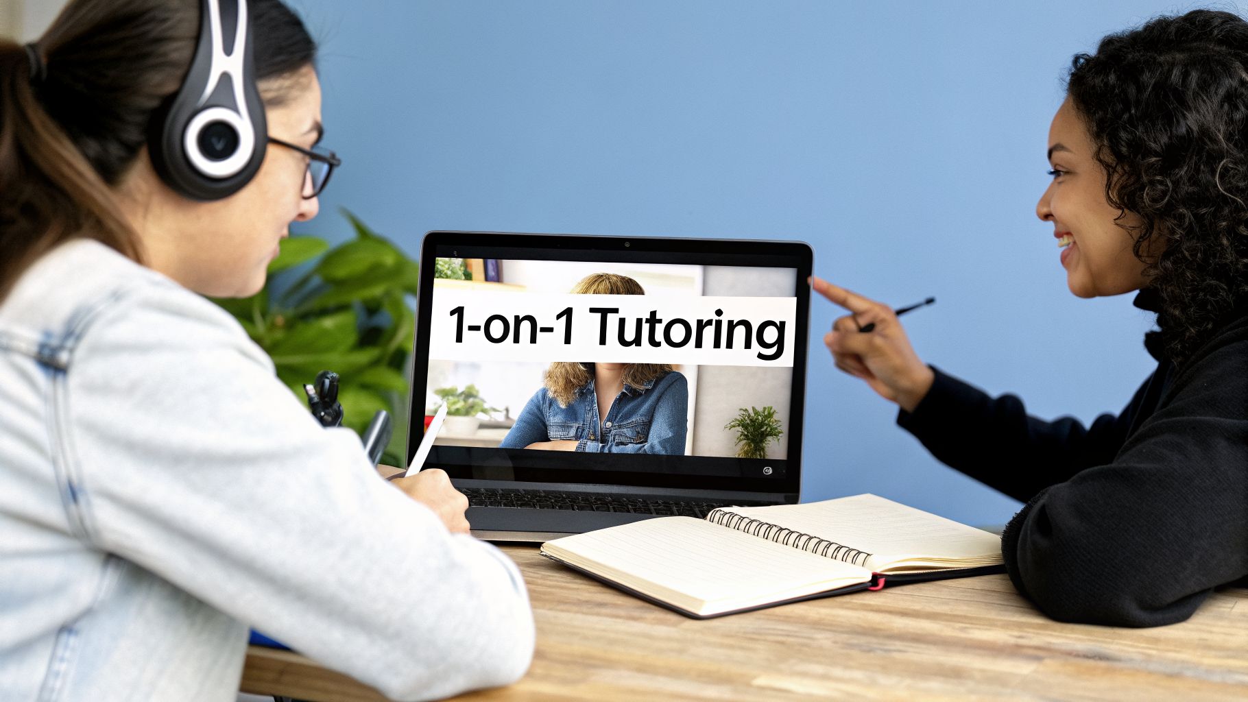 Two students are having an online 1-on-1 tutoring session on a laptop.