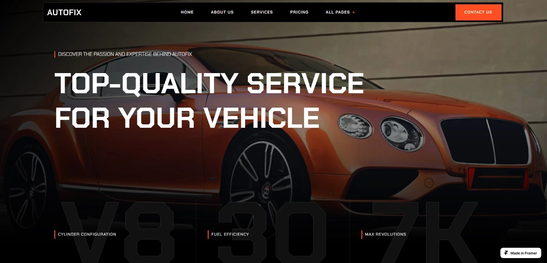 Autofix classic car workshop Framer template for automotive service website