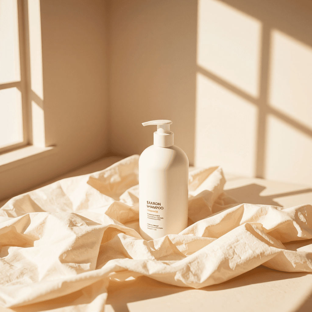 product photography of a bottle of shampoo for teenagers with sensitive and oily skin