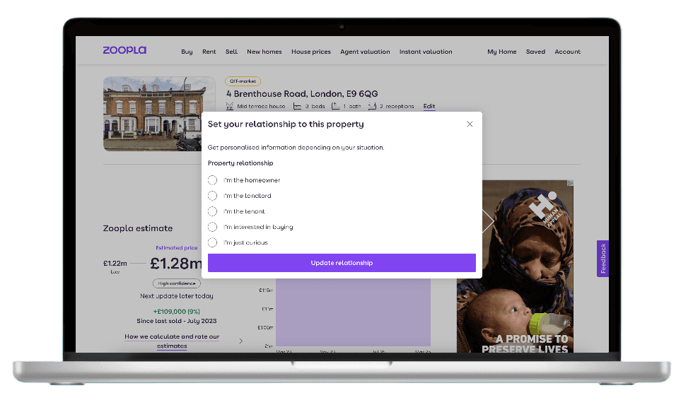 Image of a laptop with a Zoopla web page open for a property in London. There is an overlay on top of the page, asking the user to define their relationship with the property by selecting from a number of options on the page..