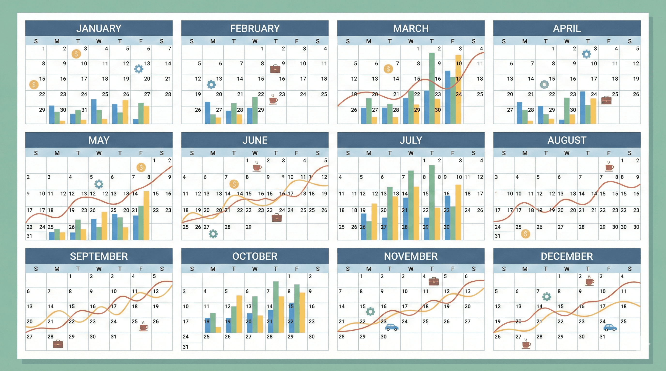 “Annual calendar with charts and financial icons representing a business budget planned across the year.”