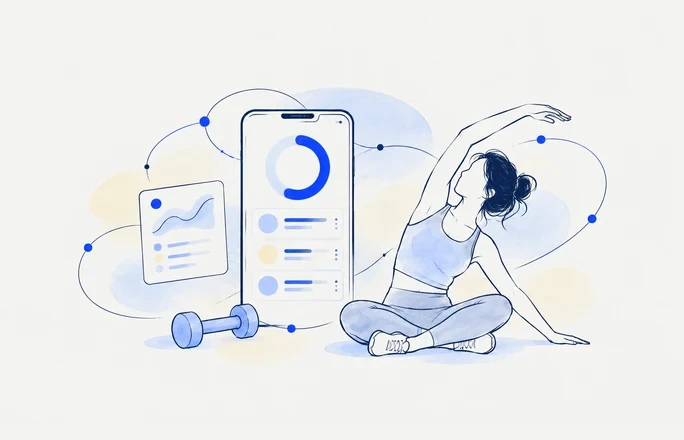 Fitness and training apps; Healthcare — Fitness and wellness apps in fine navy linework with cobalt accents and pale watercolor washes.