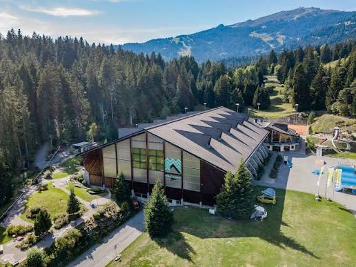 Aerial view of Sportzentrum Prau La Selva surrounded by forest and mountains in Flims
