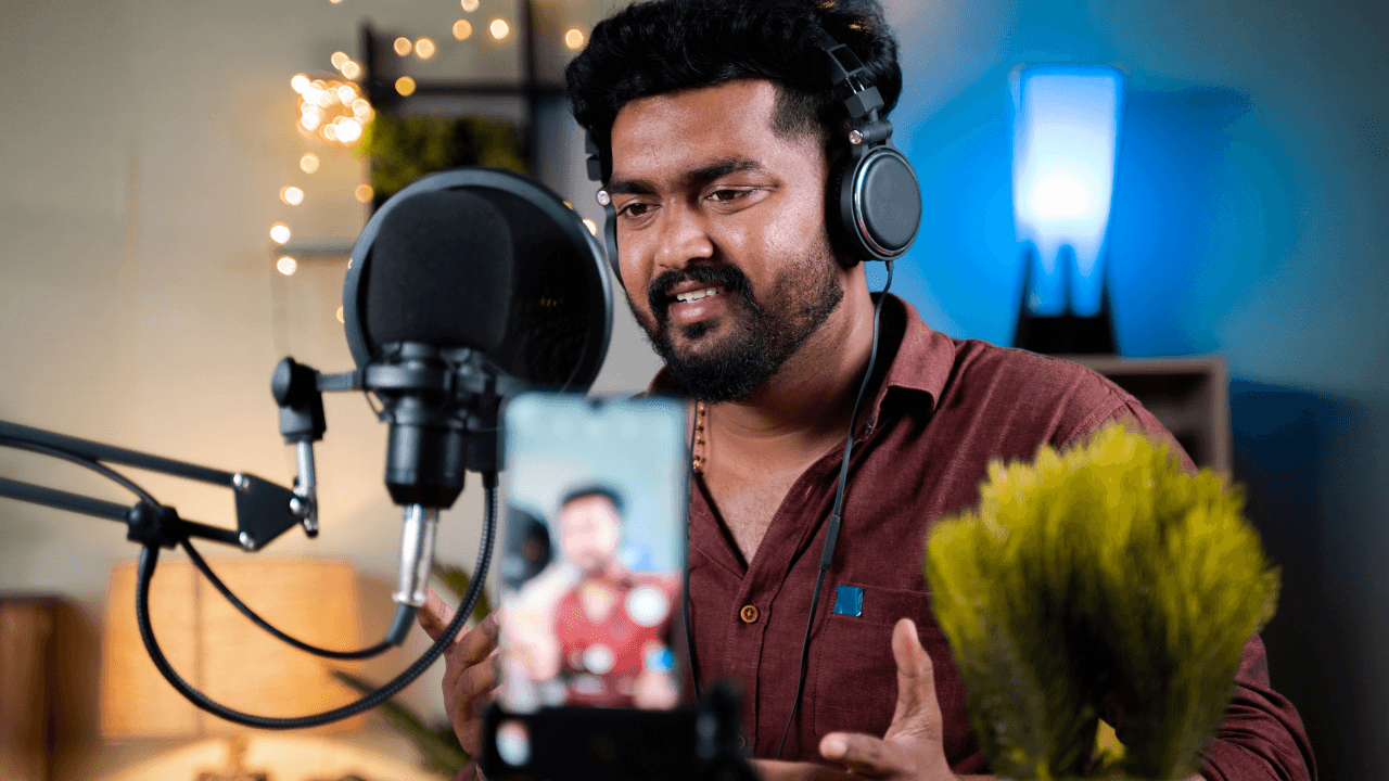 Man recording content with a microphone - Podcast Reels