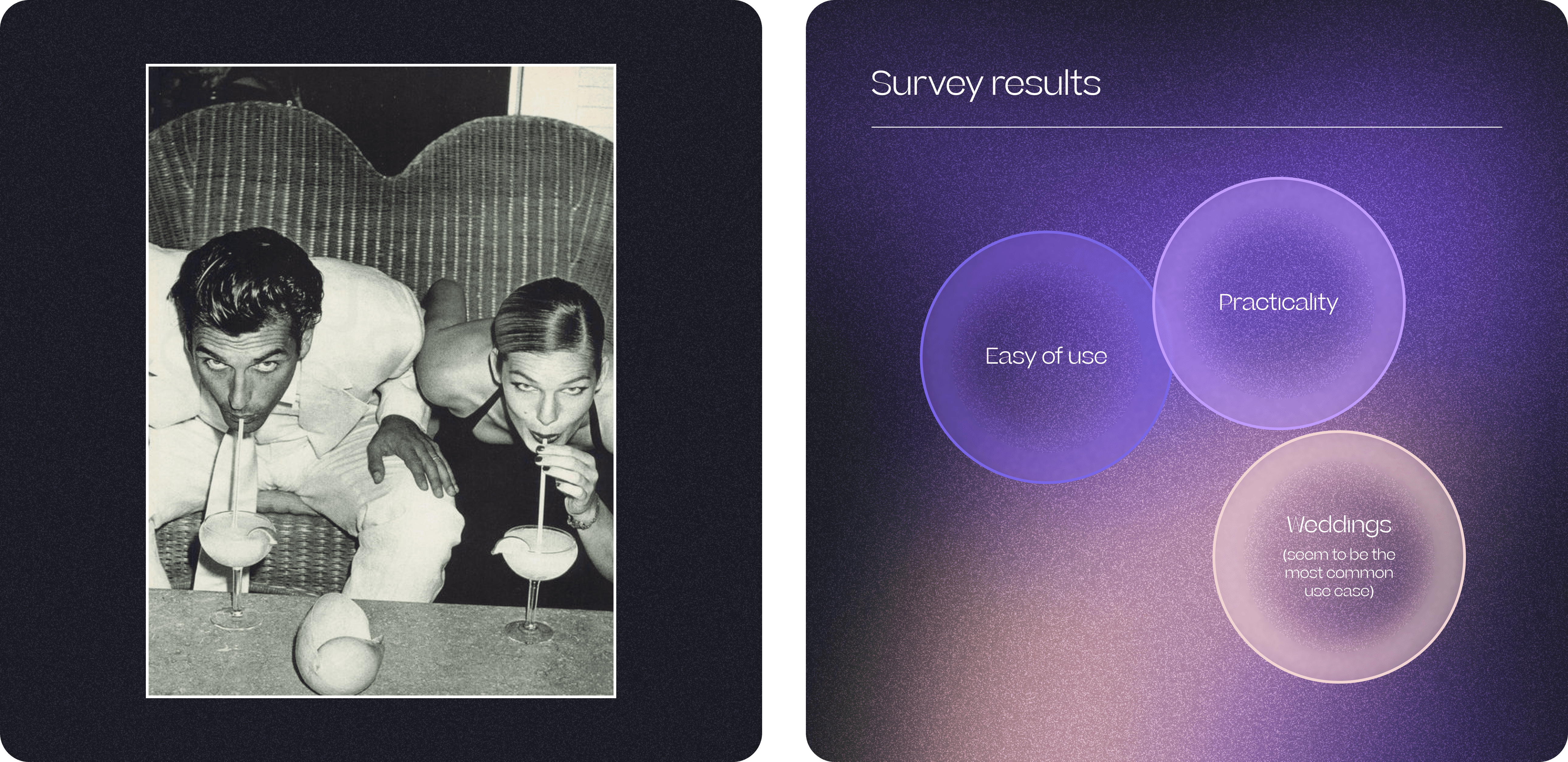 A split image: left shows two people interacting, right features three overlapping circles on a purple background.