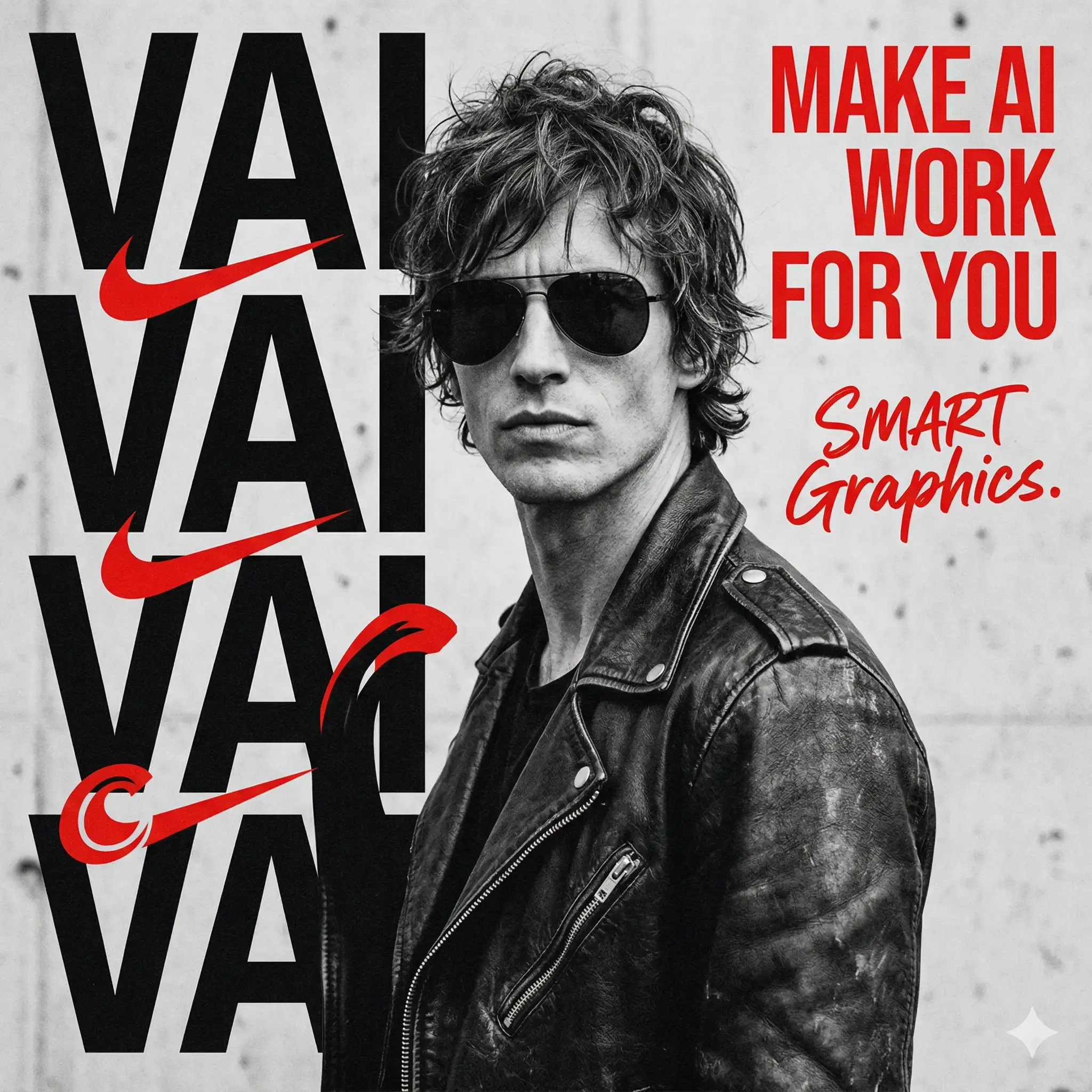 AI-generated graphic design poster featuring a man in a leather jacket and sunglasses next to bold typography reading 'MAKE AI WORK FOR YOU' and 'Smart Graphics'. Designed by Mahendra R.