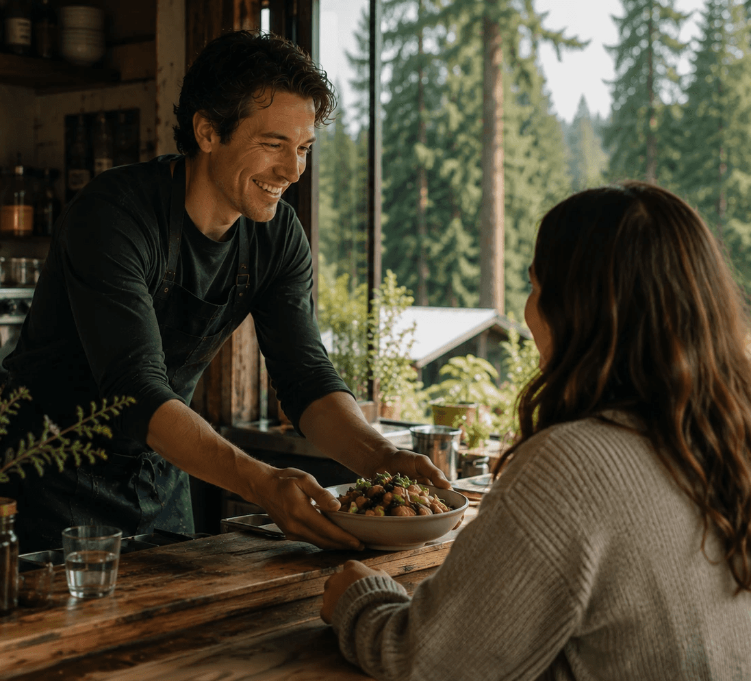 Restaurant manager serving food to a customer in a local dining space.