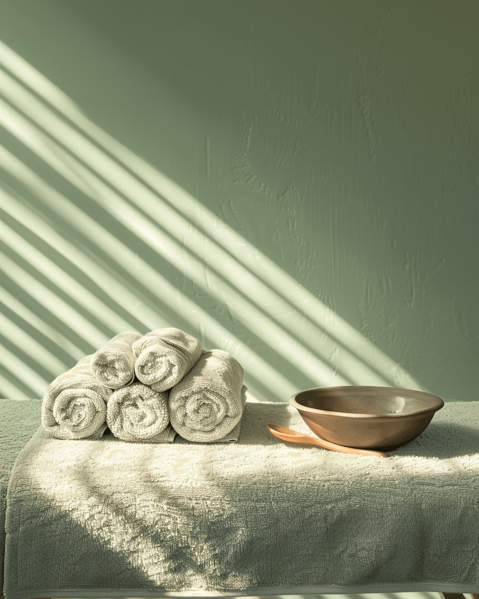 A cozy scene with warm sunlight casting stripes, featuring a potted plant and soft towels on a window sill.