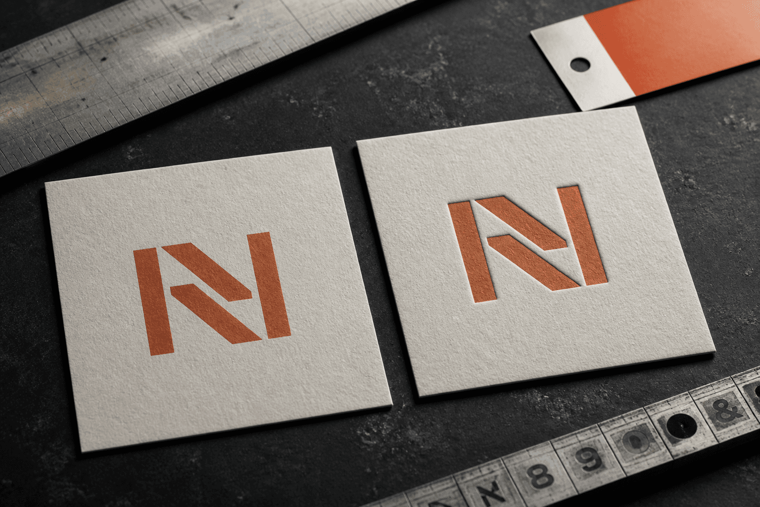 Old and refined versions of the same geometric logo printed on tactile paper