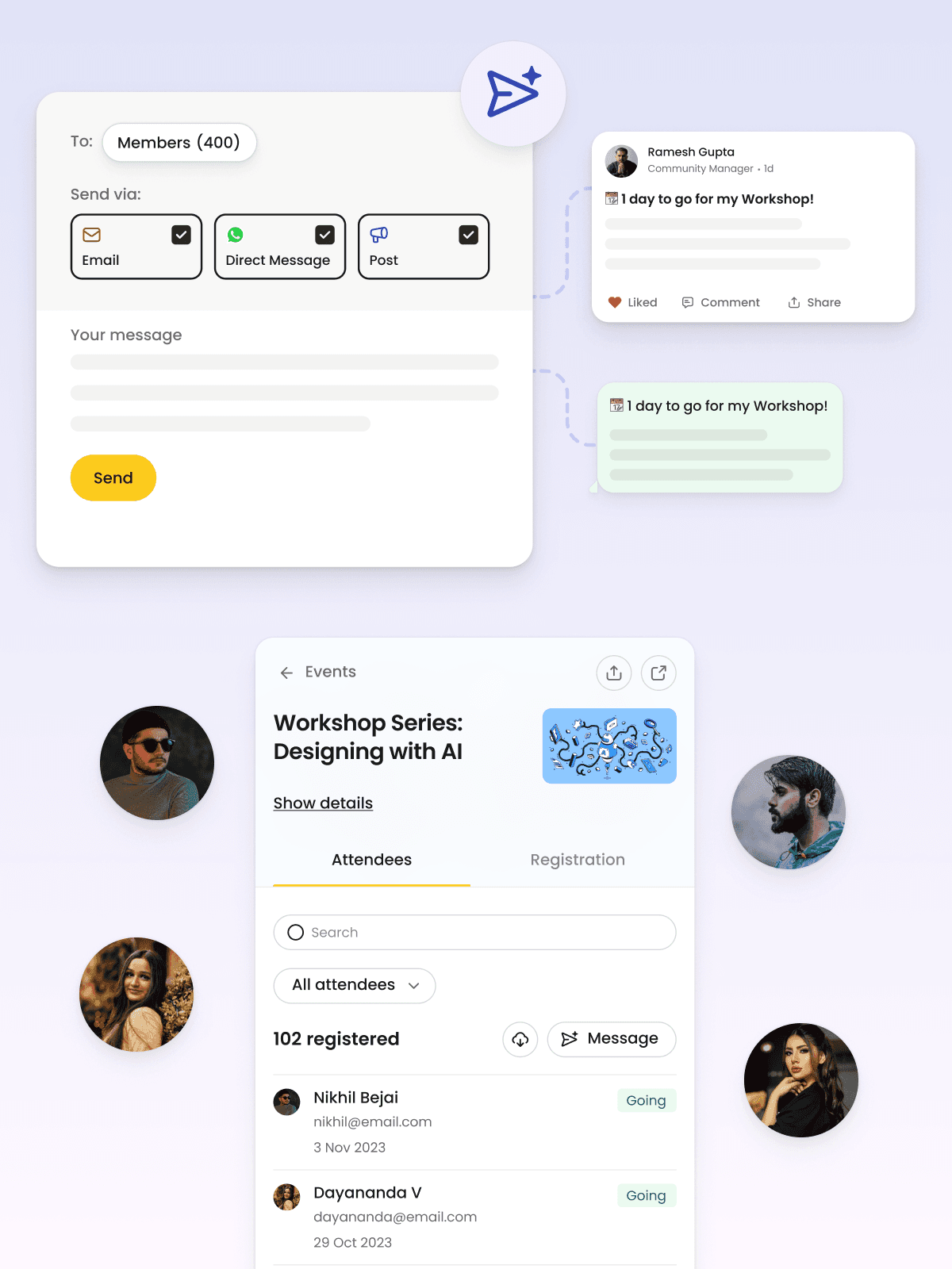 Screenshot of a messenger app with a notification for an upcoming workshop on designing with AI, organized by the Developer Club. The workshop is expecting 102 registered attendees.