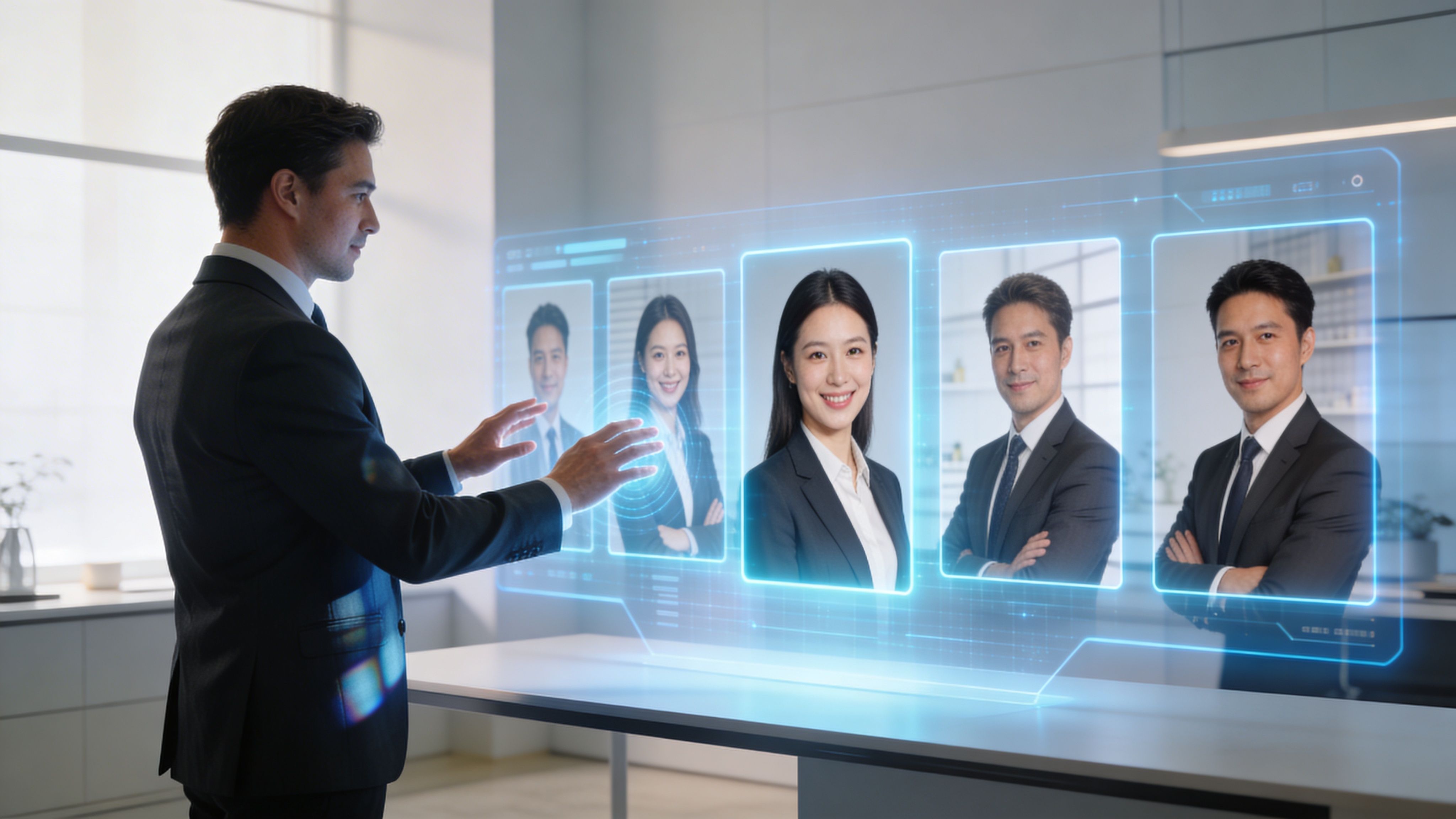 Ein Geschäftsmann interagiert mit einer digitalen Schnittstelle, die professionelle Profilbilder von Kollegen auf einem holografischen Display anzeigt.
