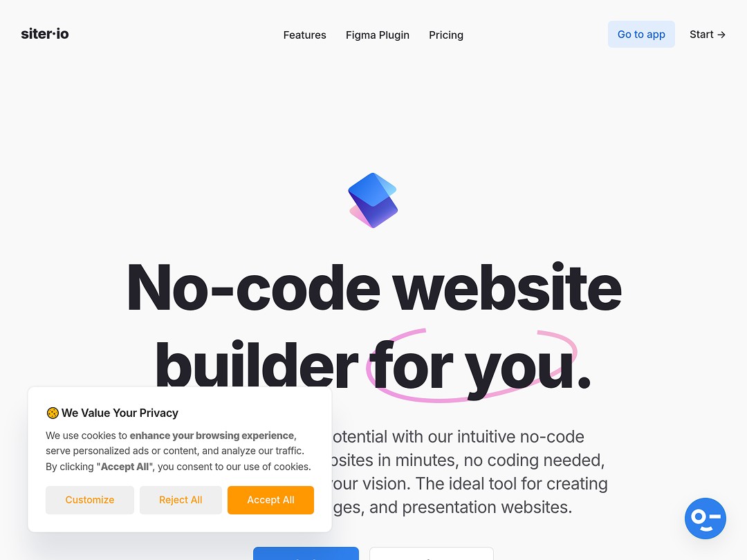 The image shows a website homepage for a no-code website builder called Siter.io, featuring a minimalist design with bold text stating "No-code website builder for you," alongside options to customize, reject, or accept cookies, and a floating icon above the text.