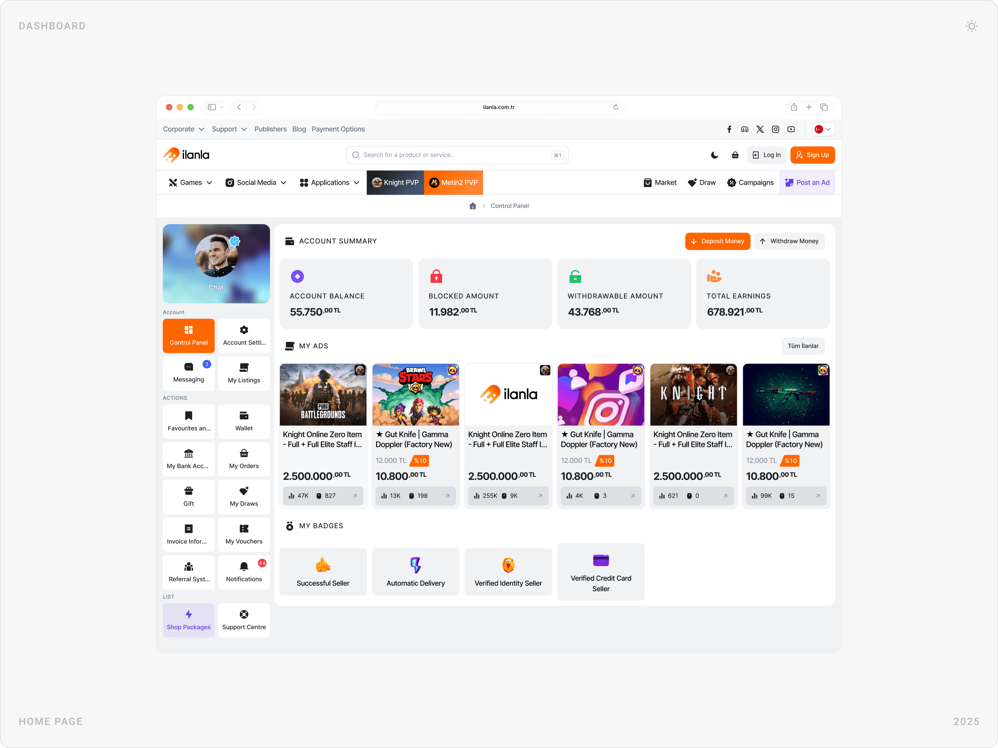 Professional Gaming Marketplace User Dashboard Design