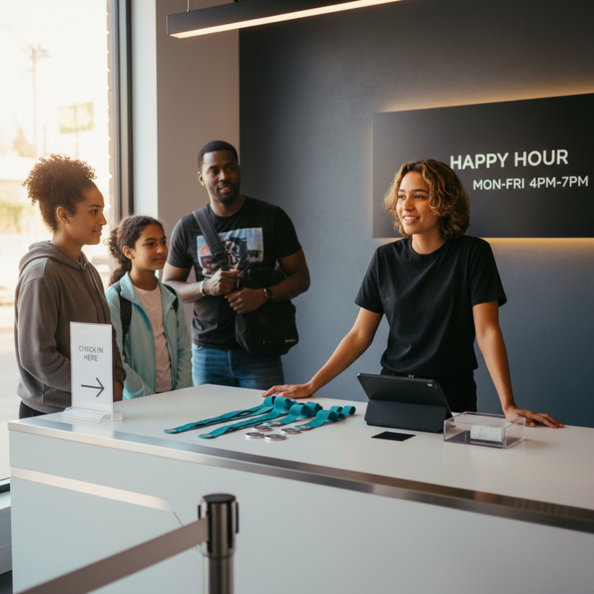 Am Frontdesk begrüßt ein Mitarbeiter eine kleine Gruppe, während hinter ihm eine dezente Tafel Happy-Hour-Zeiten ankündigt. Auf dem Tresen liegen vorbereitete Armbänder und kleine Token. Das Licht ist warm, die Stimmung erwartungsvoll. Alles deutet auf klare Regeln und strukturierte Abläufe hin.
