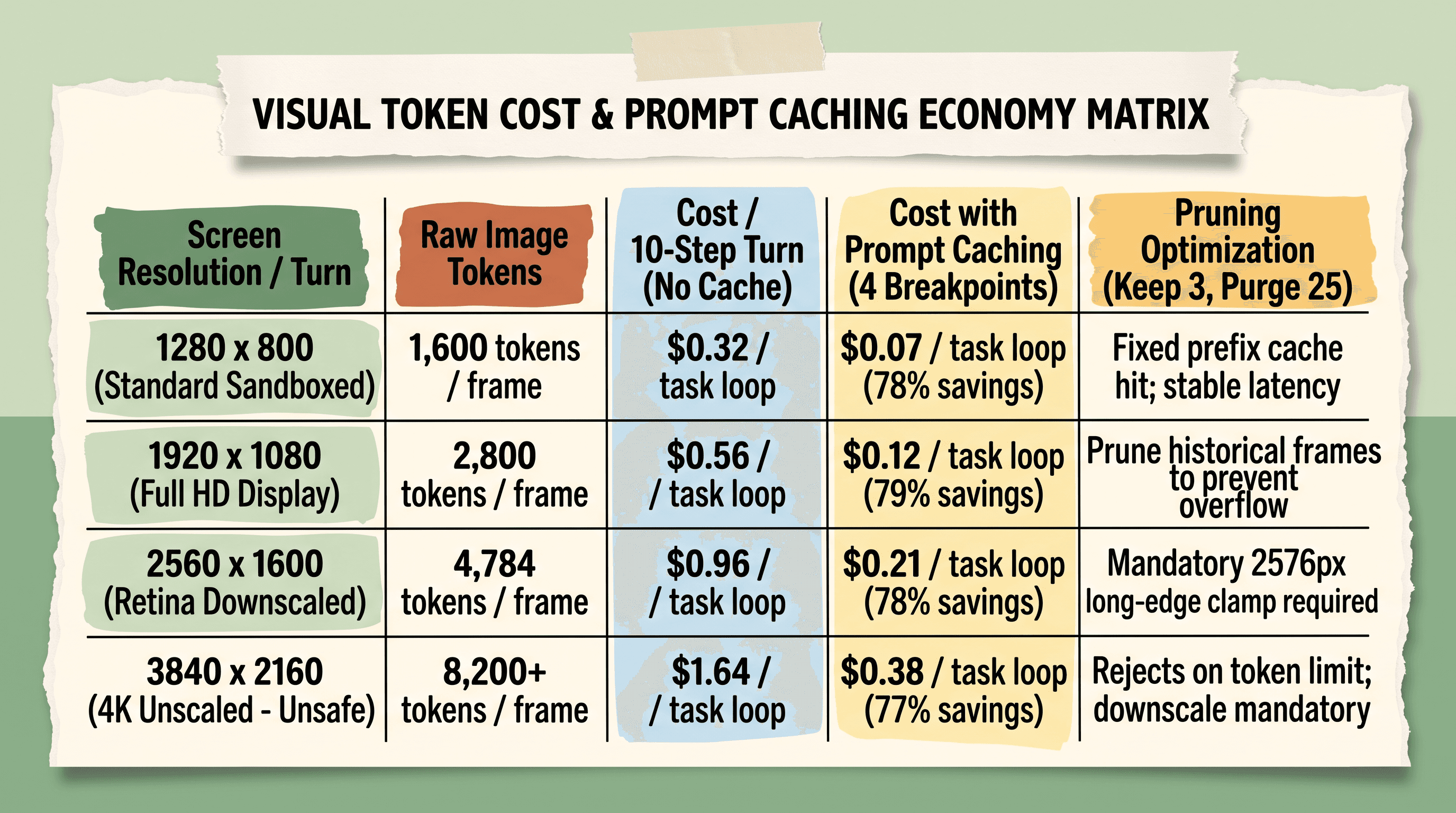 Cost optimization matrix detailing visual token consumption prompt caching breakpoints and screenshot pruning savings