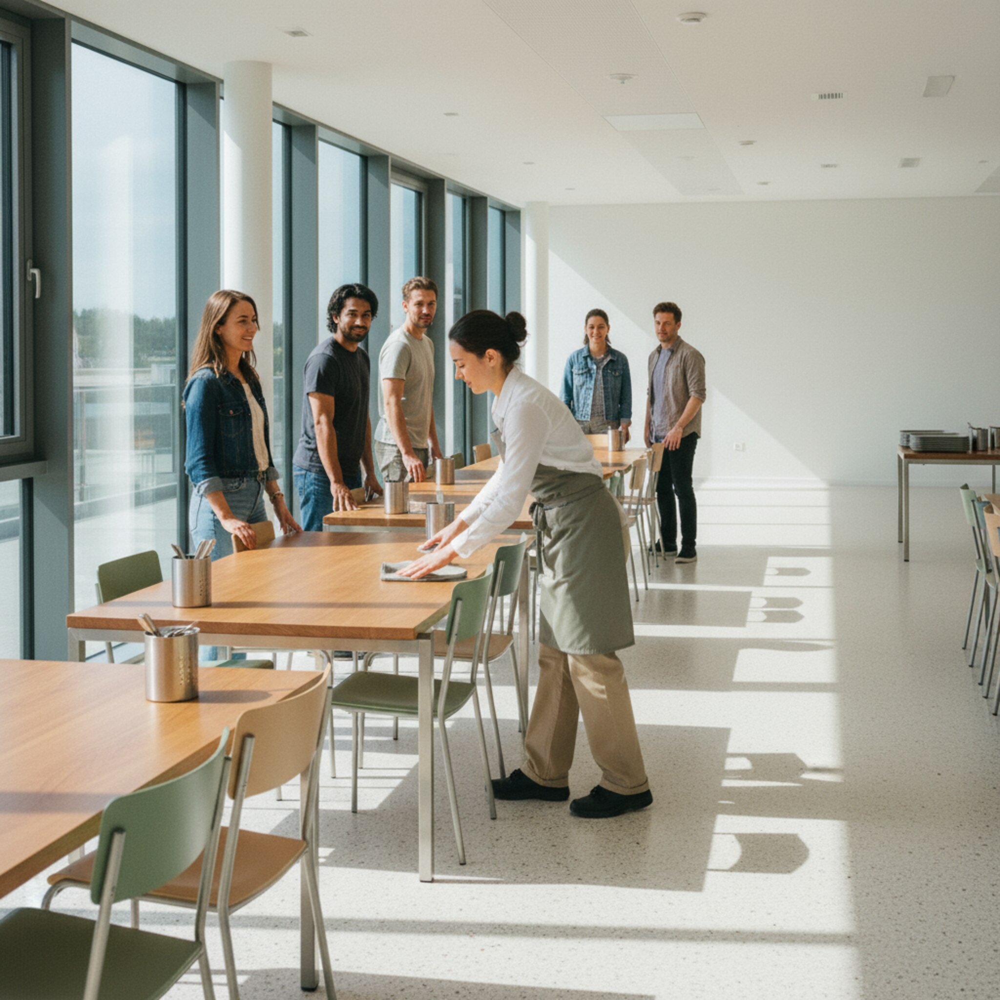 Ein lichtdurchfluteter Bereich zeigt lange Kantinentafeln, an denen eine Gruppe gerade aufsteht, während die nächsten Gäste warten. Eine Mitarbeiterin wischt die Fläche mit einem Tuch, rückt Stühle gerade und stellt Besteckkörbe nach. Im Hintergrund bleibt eine Ecke bewusst frei, um den Fluss zu lenken und Übergänge zu erleichtern.