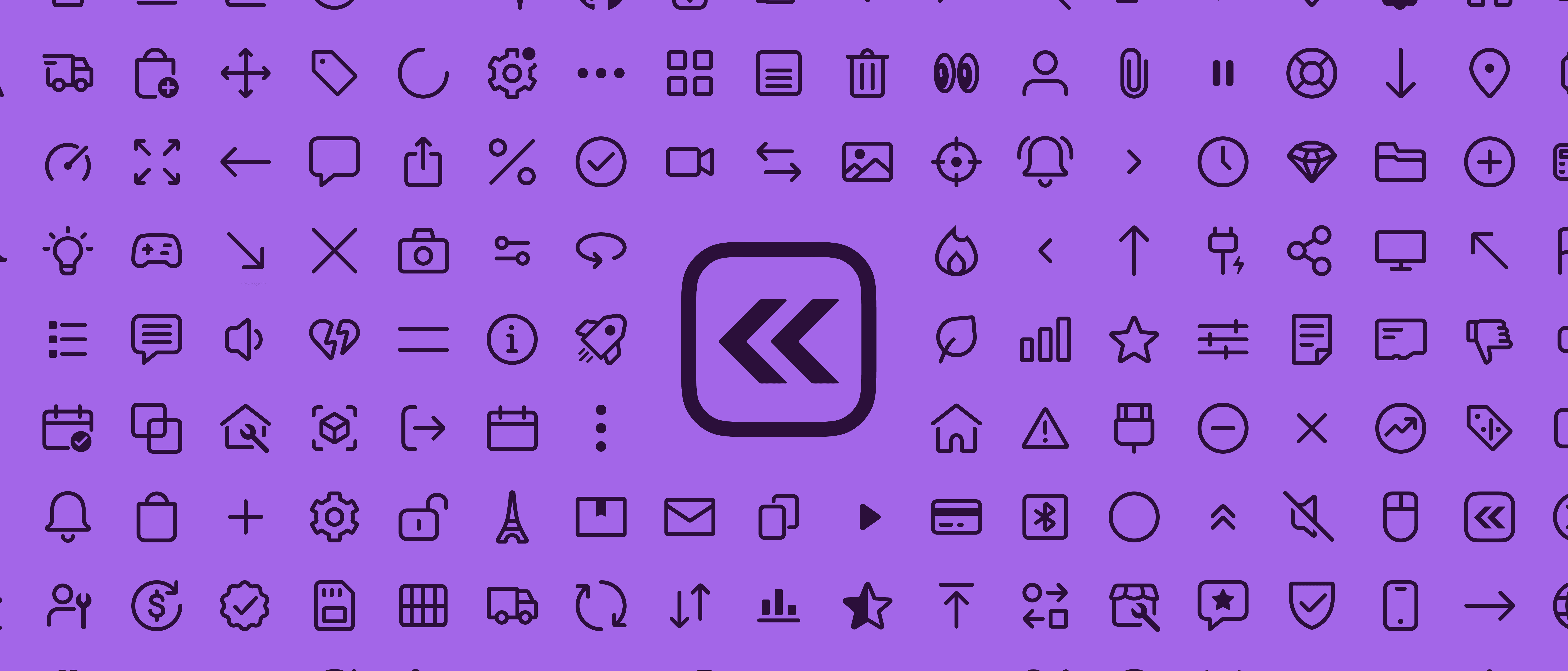 Comprehensive icon library on a purple background featuring various UI elements organized in a grid pattern. A rewind/back icon is highlighted in the center, demonstrating the consistent style applied across the design system.