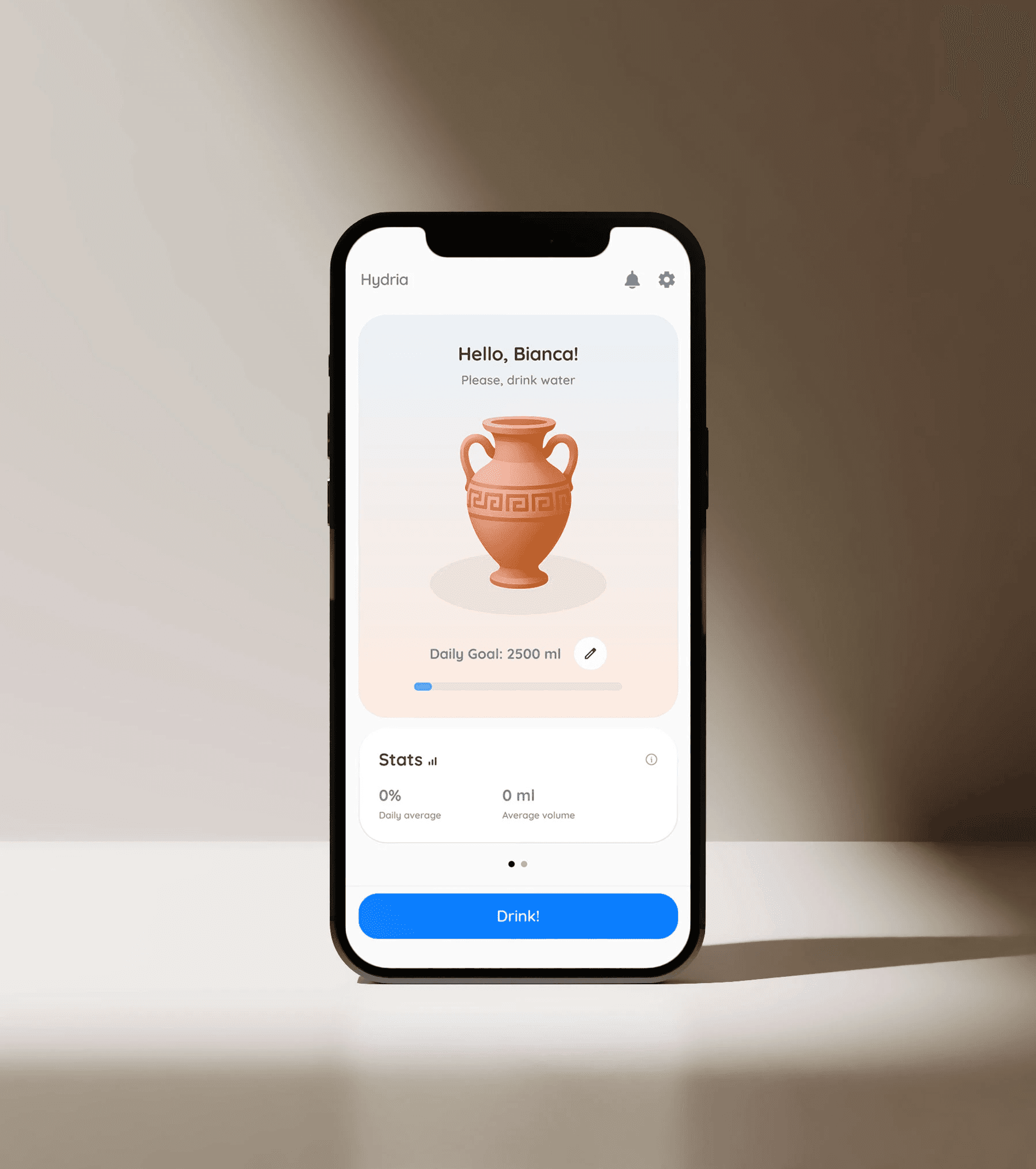 mobile phone displaying hydria app to ehlp users drink more water