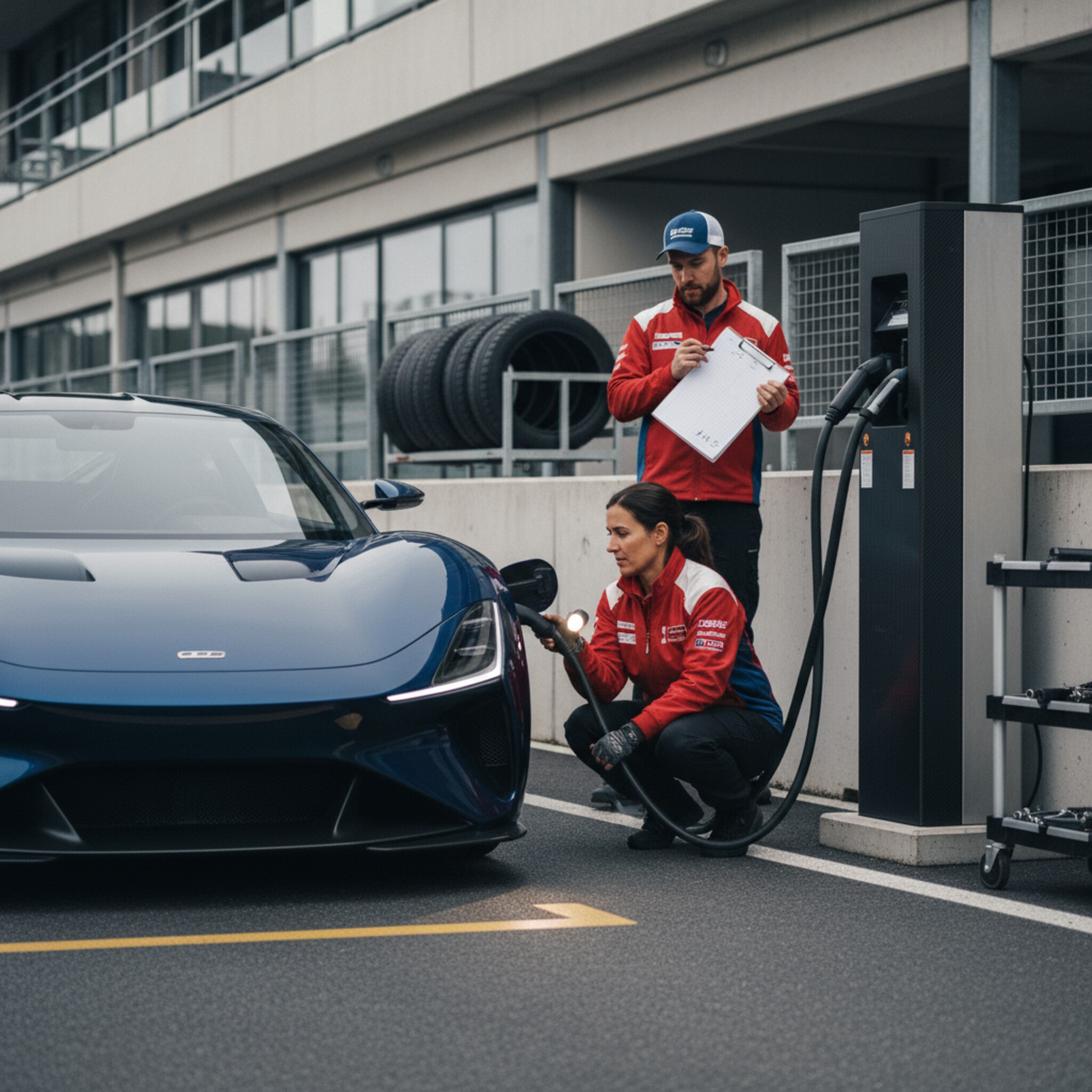 Im Paddock lädt ein Elektrofahrzeug an einer DC-Säule, das Ladekabel sitzt satt im Anschluss. Ein Teammitglied prüft dezent Reifen und Bremsen, ein anderer markiert die Boxenzuweisung auf einem Klemmbrett. Ruhe, klare Luft und präzise Abläufe bestimmen den Moment vor dem nächsten Turn.