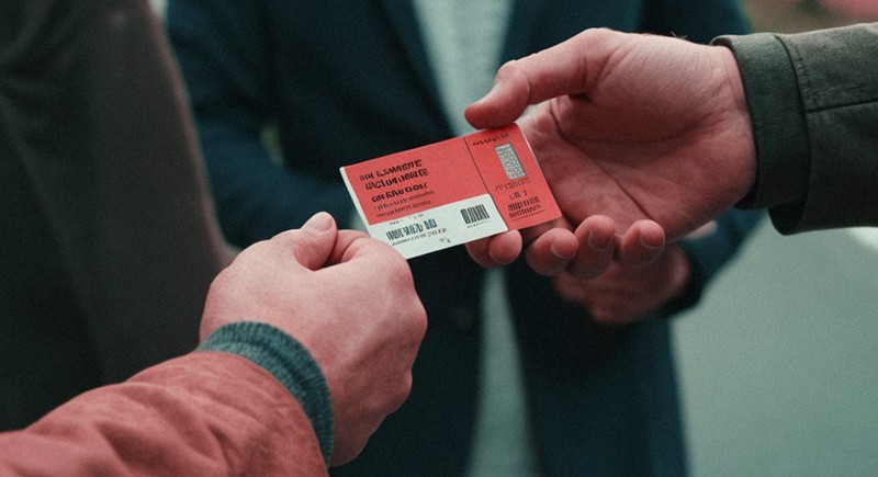 Photo of a man handing a concert ticket to another person