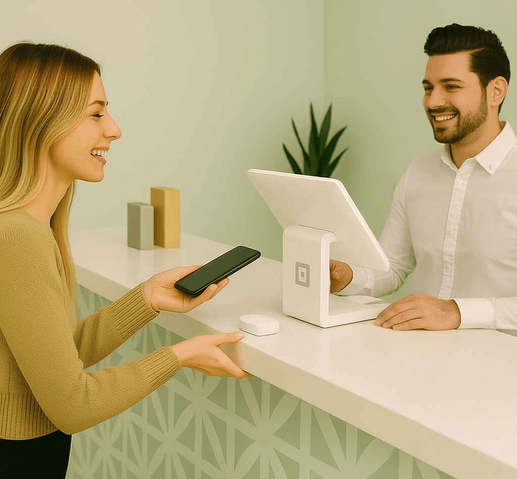 Female at checkout counter using her phone to pay owner behind the counter