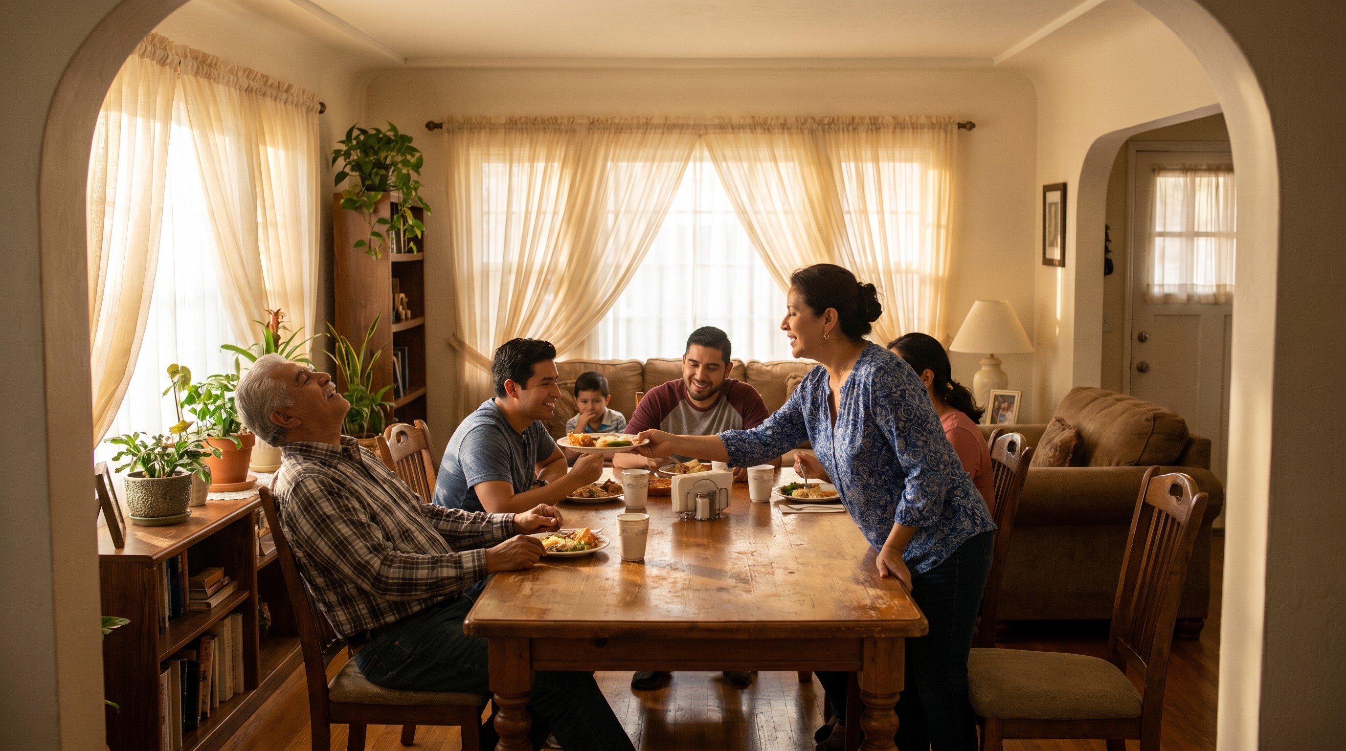 Multigenerational Latino family sharing lunch around a sunlit dining table in a warm Southern California home