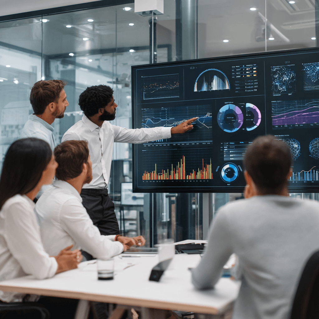 Corporate group collaborating infront of a dashboard