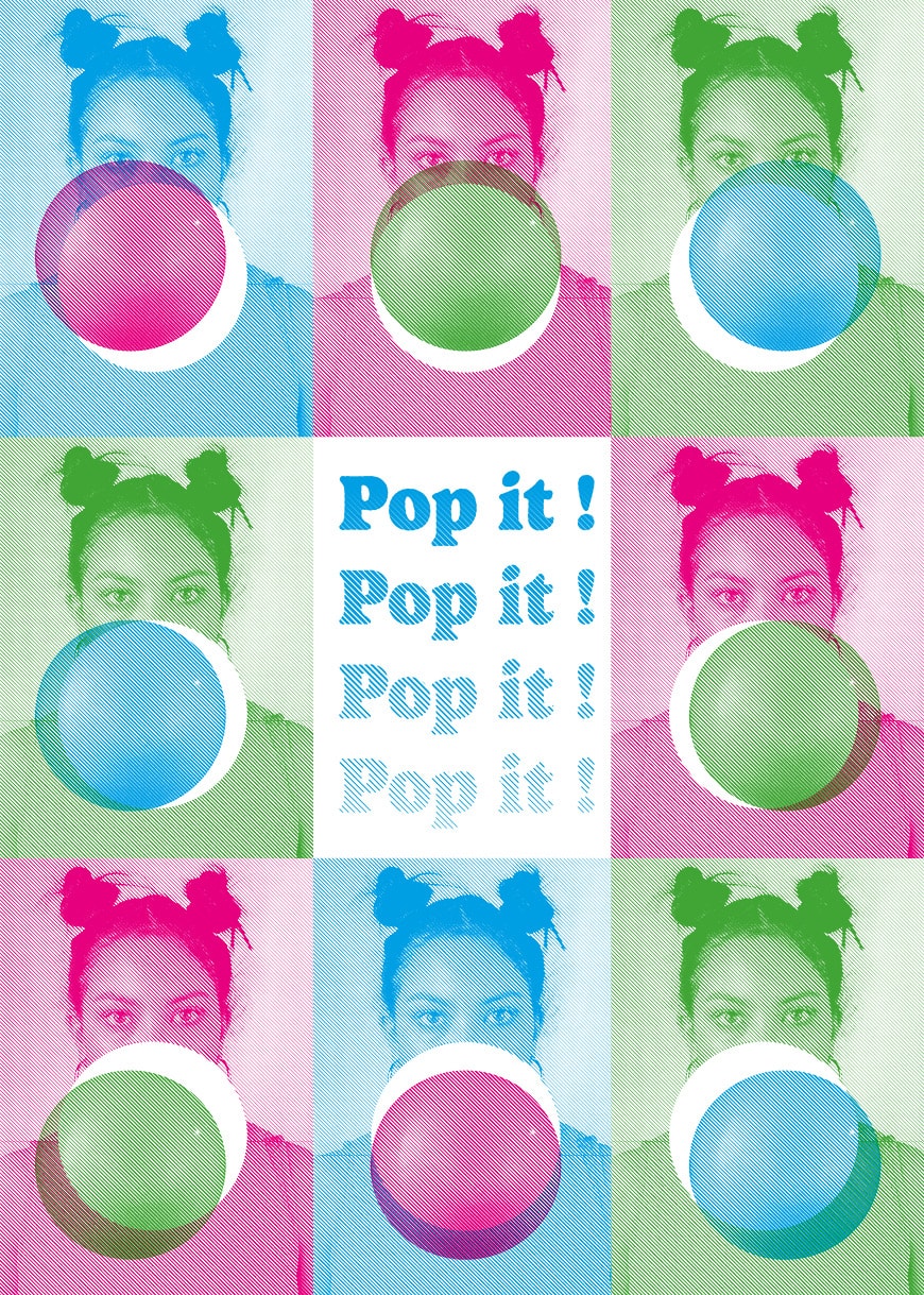Utilisation des points de trame pour créer un poster d'une femme qui fait une bulle de chewing-gum, avec le texte "pop-it !"