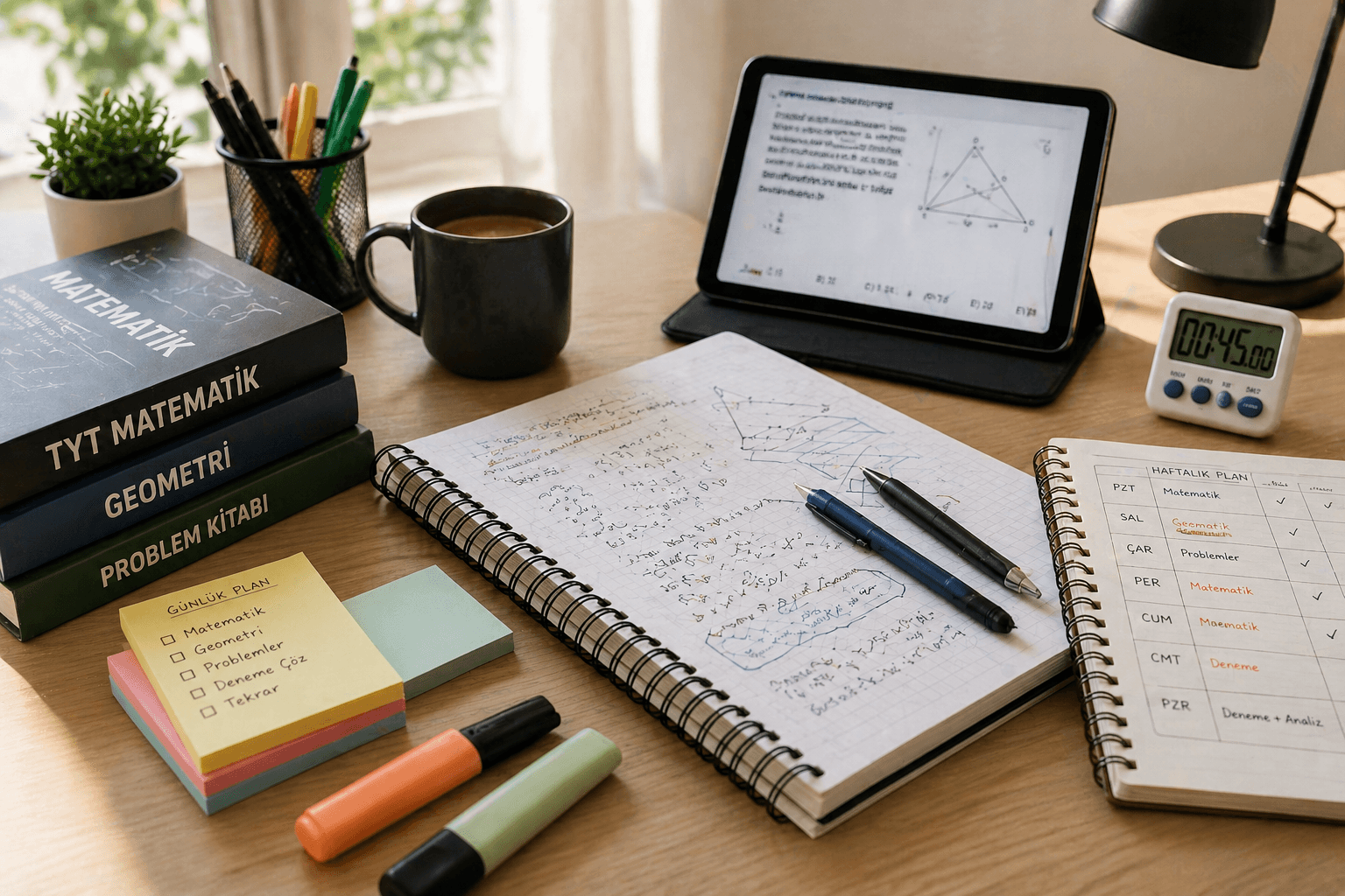 TYT matematik çalışması için düzenlenmiş çalışma masasında matematik kitapları, not defteri, tablet, kahve kupası ve haftalık planlayıcı bulunan modern ders çalışma ortamı