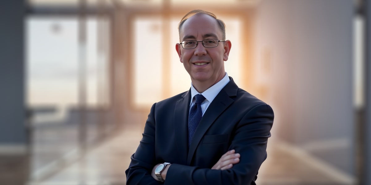 Dr. James Jones in a professional suit, standing confidently with arms crossed, against a modern office backdrop.