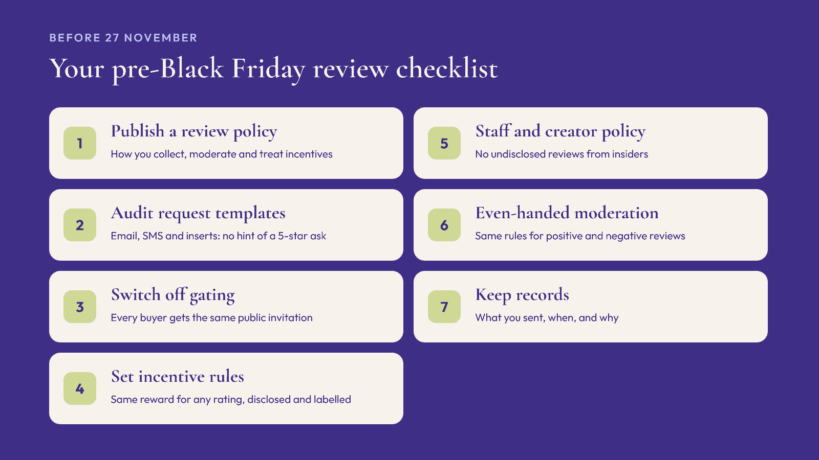 Seven-step pre-Black Friday review compliance checklist for Shopify fashion brands