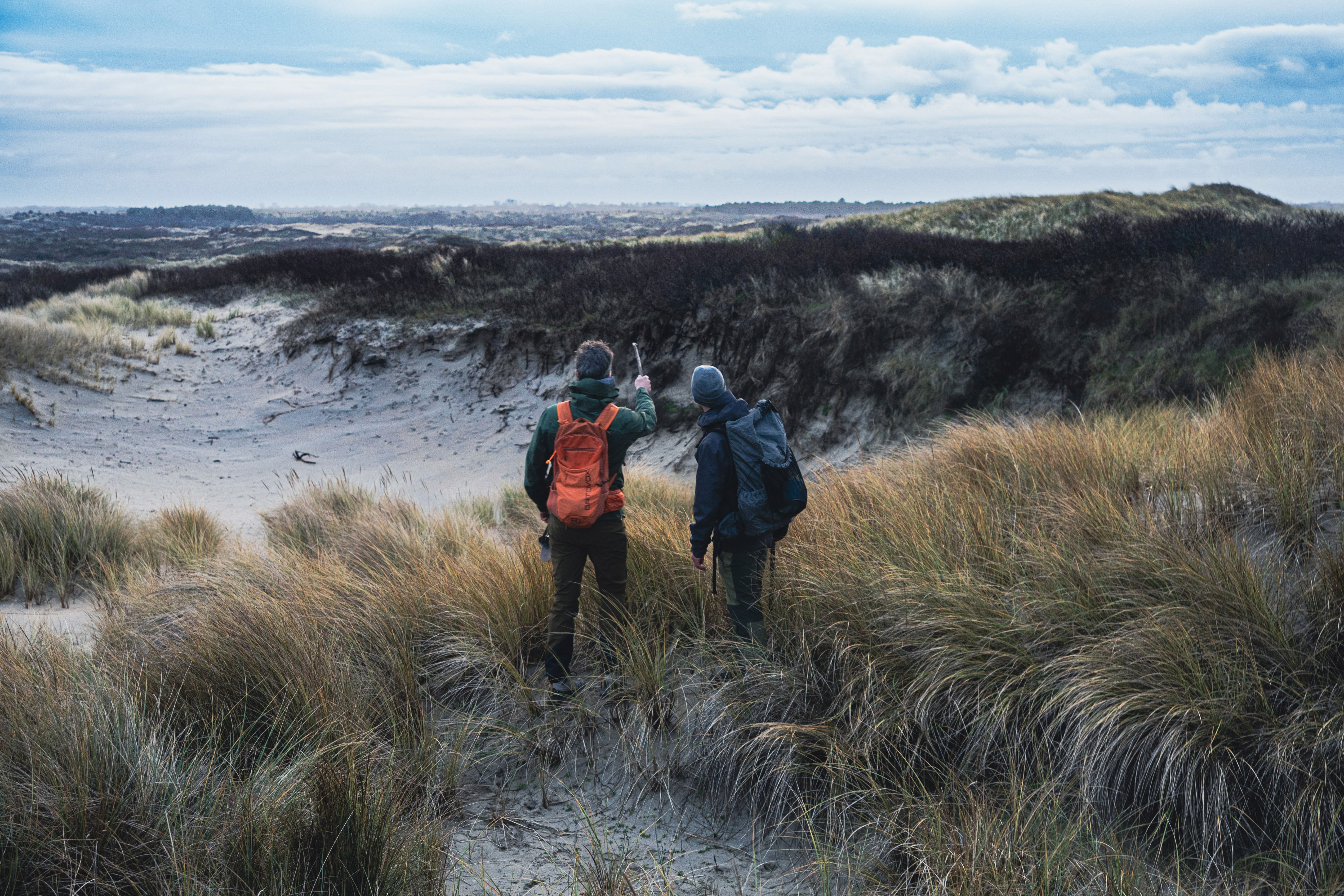 Two hikers navigating the landscape