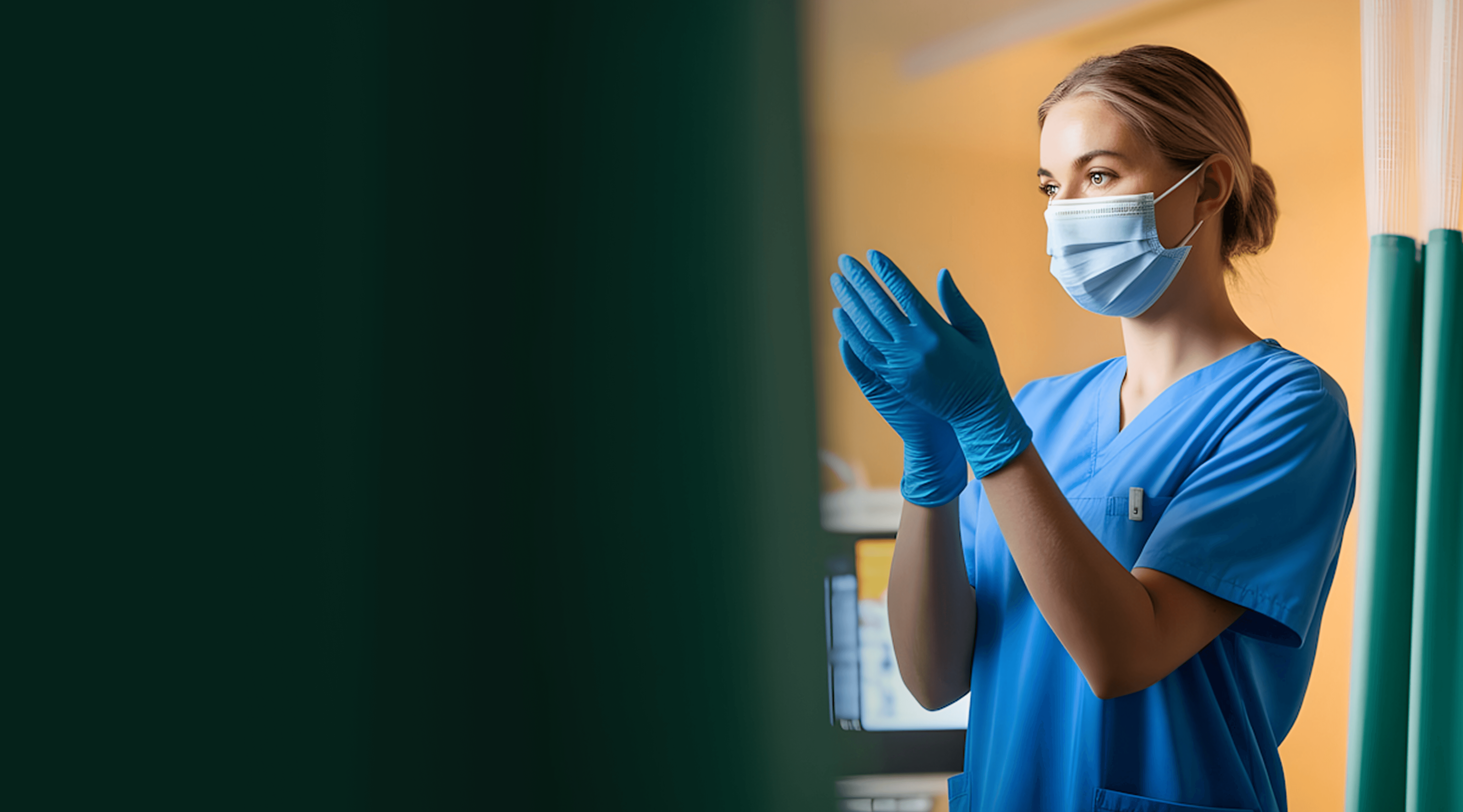 Healthcare worker in blue scrubs adjusting gloves in clinical setting with green curtains and equipment