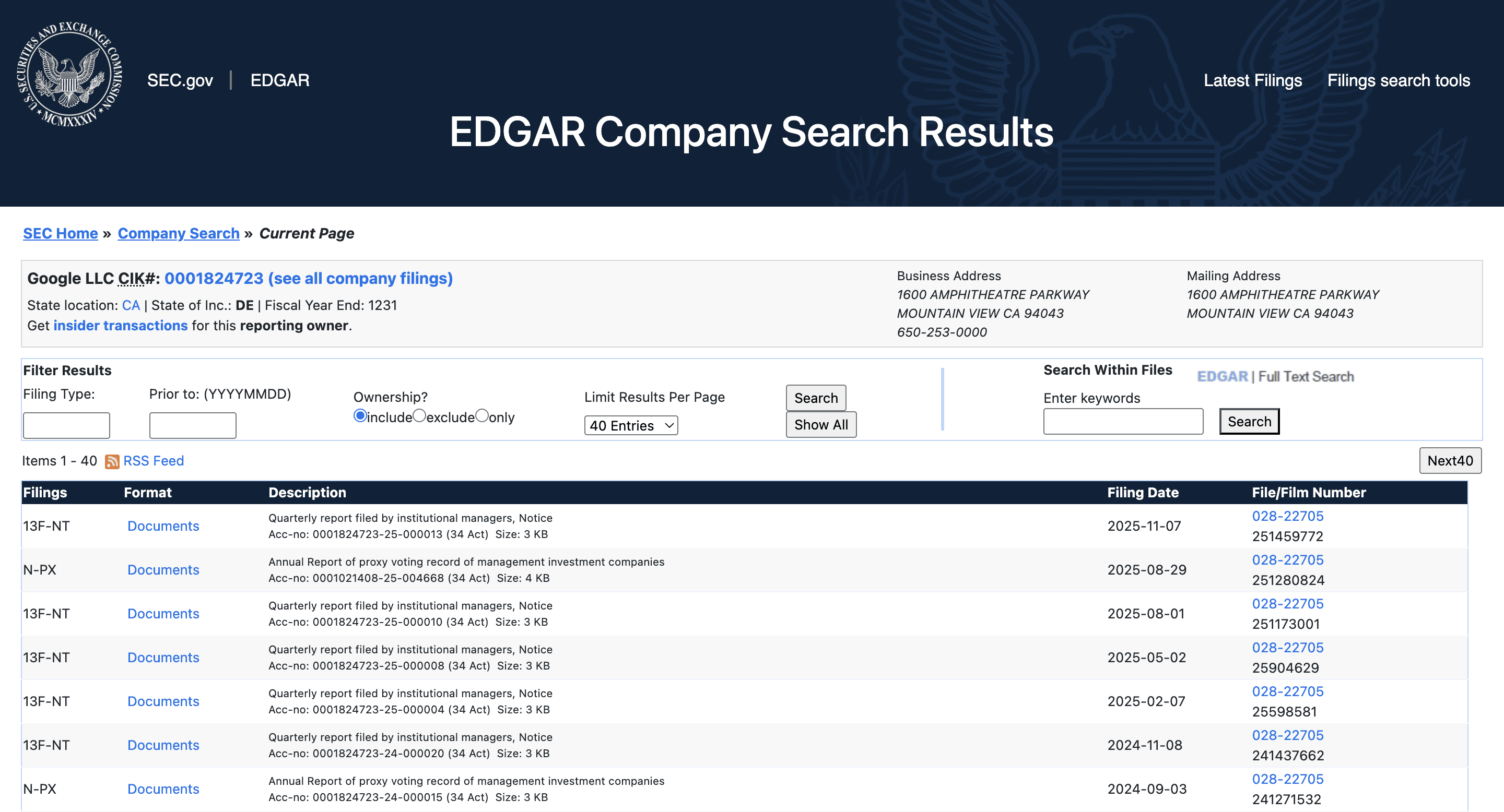 List of Google LLC company filings on EDGAR company search page