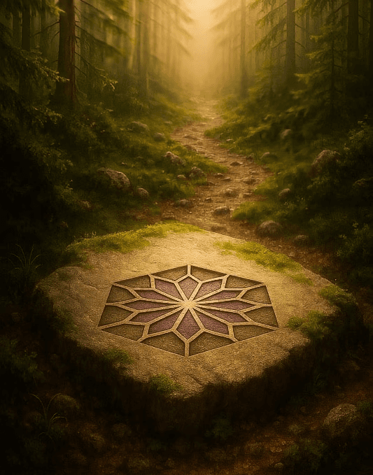 tone engraved with the Seven Life Areas flower symbol in a forest path, glowing in golden light — representing awakening and guidance.