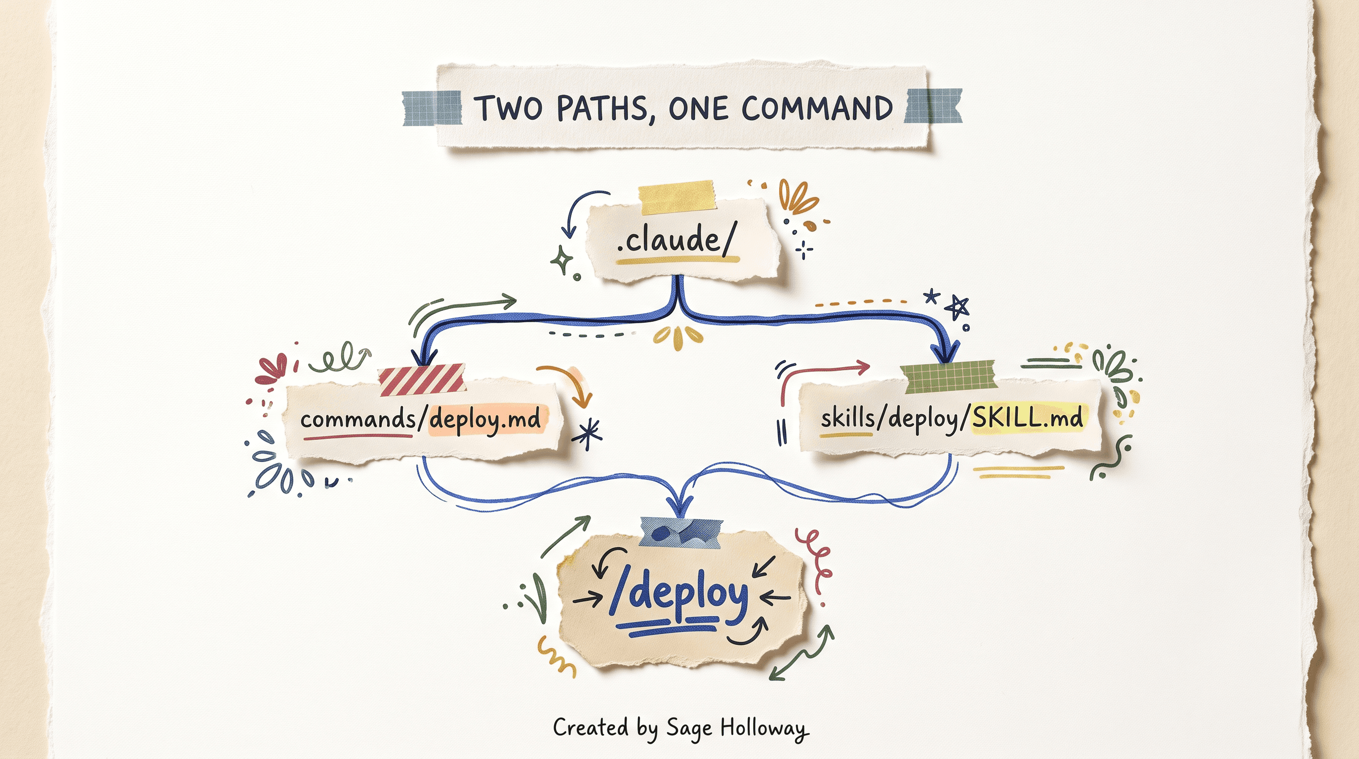 Diagram of the Claude Code `.claude` directory map showing commands and skills folders both creating the same slash command