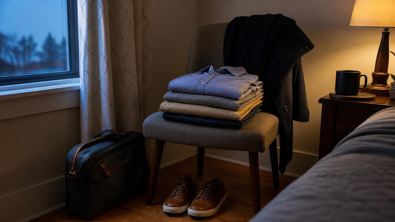 Ropa del día siguiente colocada en orden en una habitación antes del amanecer.