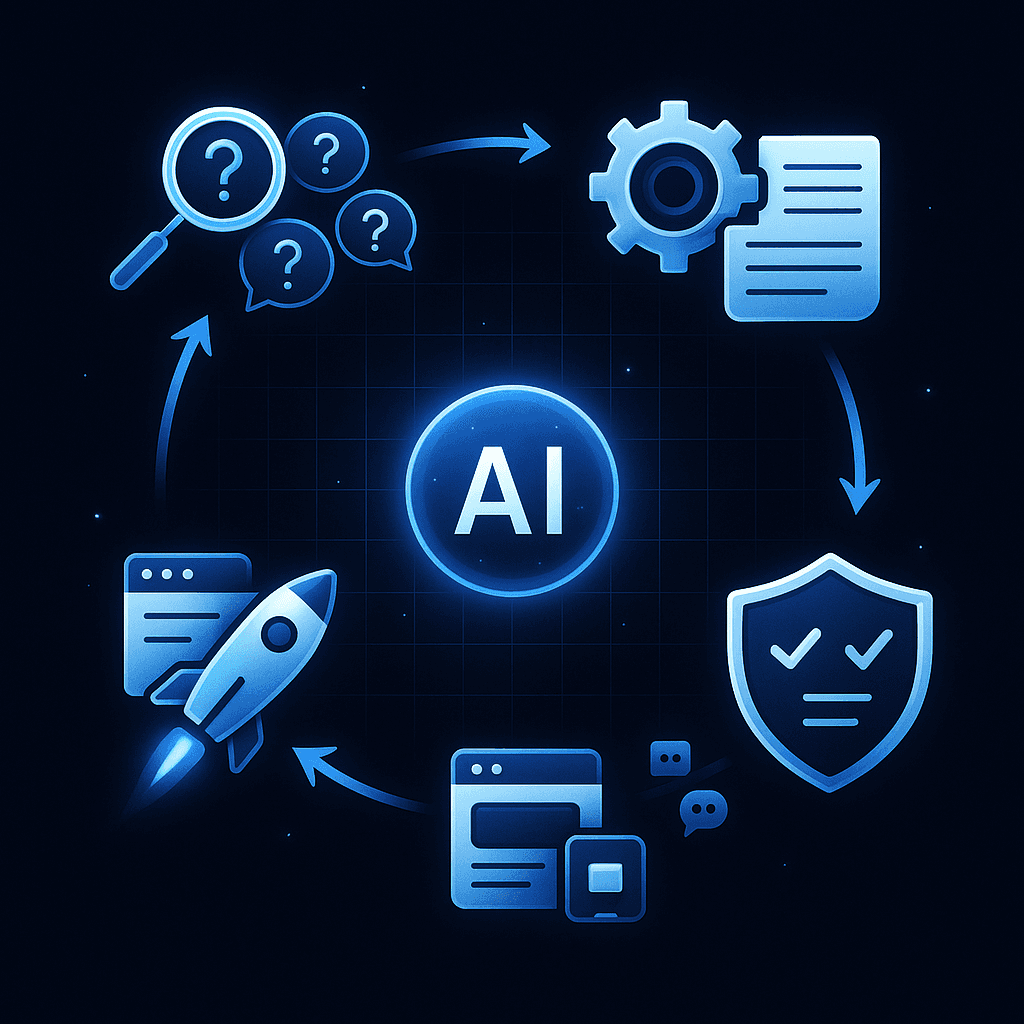 Circular flow diagram showing Relixir’s four stage AI content engine from gap finding to multi-channel publishing.