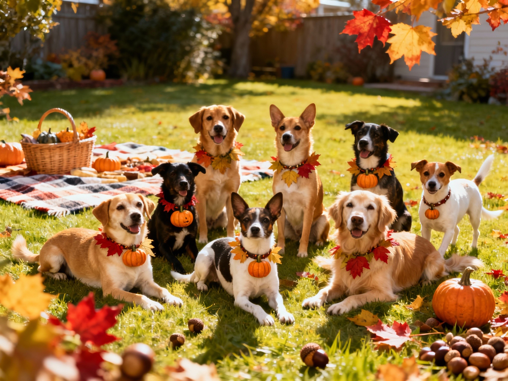 A vibrant, festive Thanksgiving picnic scene on a sunlit backyard lawn featuring a group of diverse