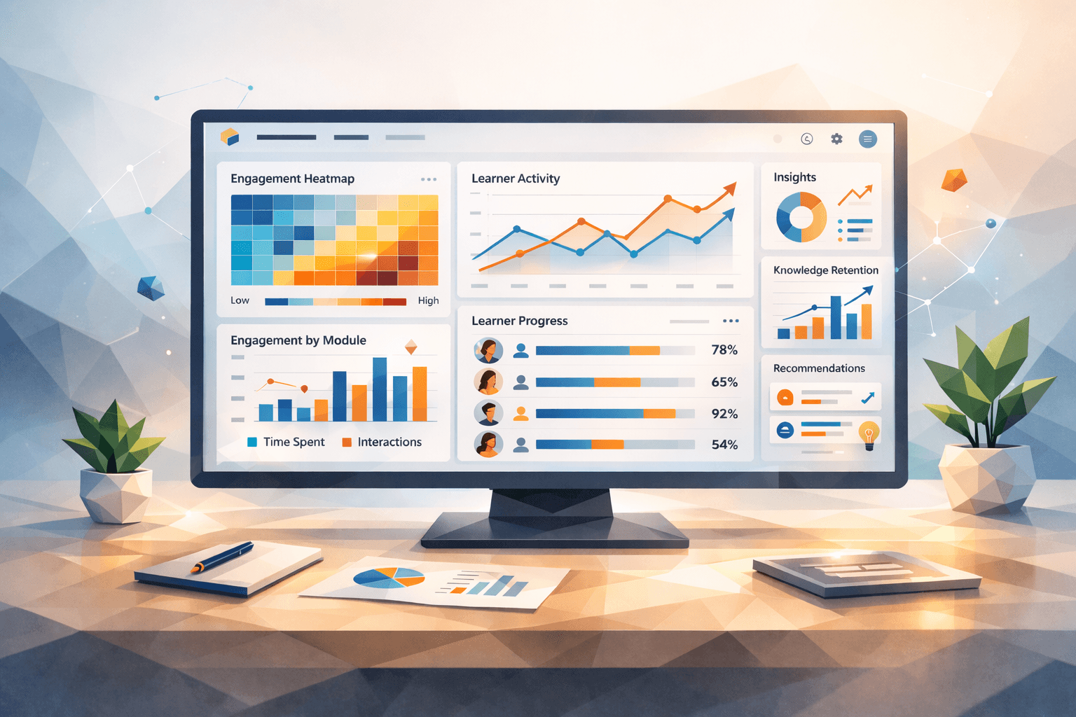 Low-poly illustration of an AI-powered learning analytics dashboard displaying engagement heatmaps, learner activity graphs, progress indicators, and performance insights for eLearning.