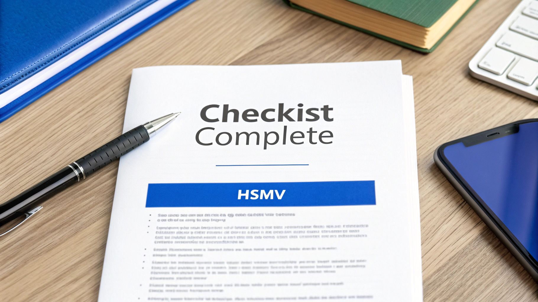 A document titled 'Checklist Complete' for HSMV, with a pen, binder, and phone on a wooden desk.
